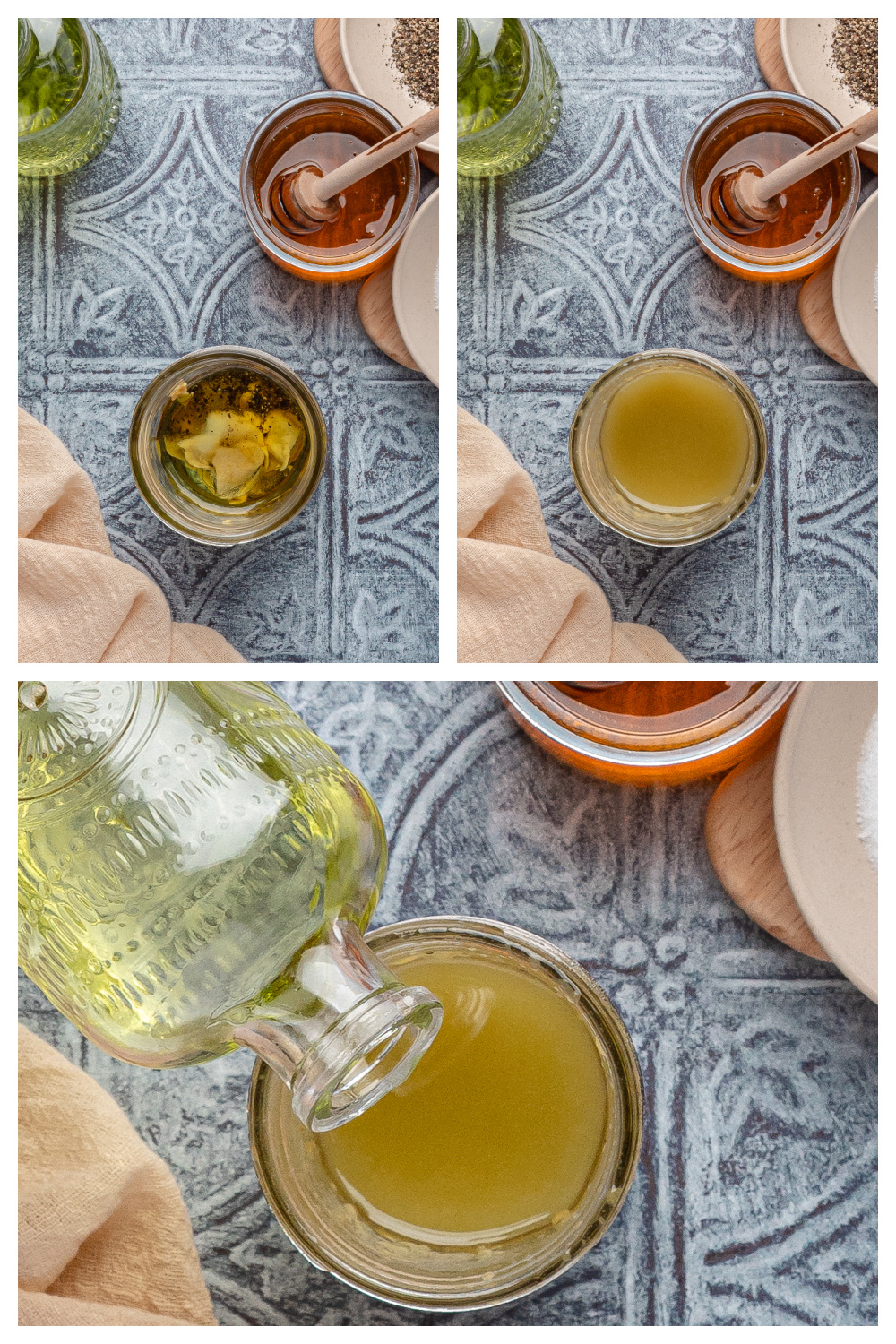 Step-by-step photos showing how to make honey champagne vinaigrette with Dijon, honey, and oil being combined and mixed in a glass jar.