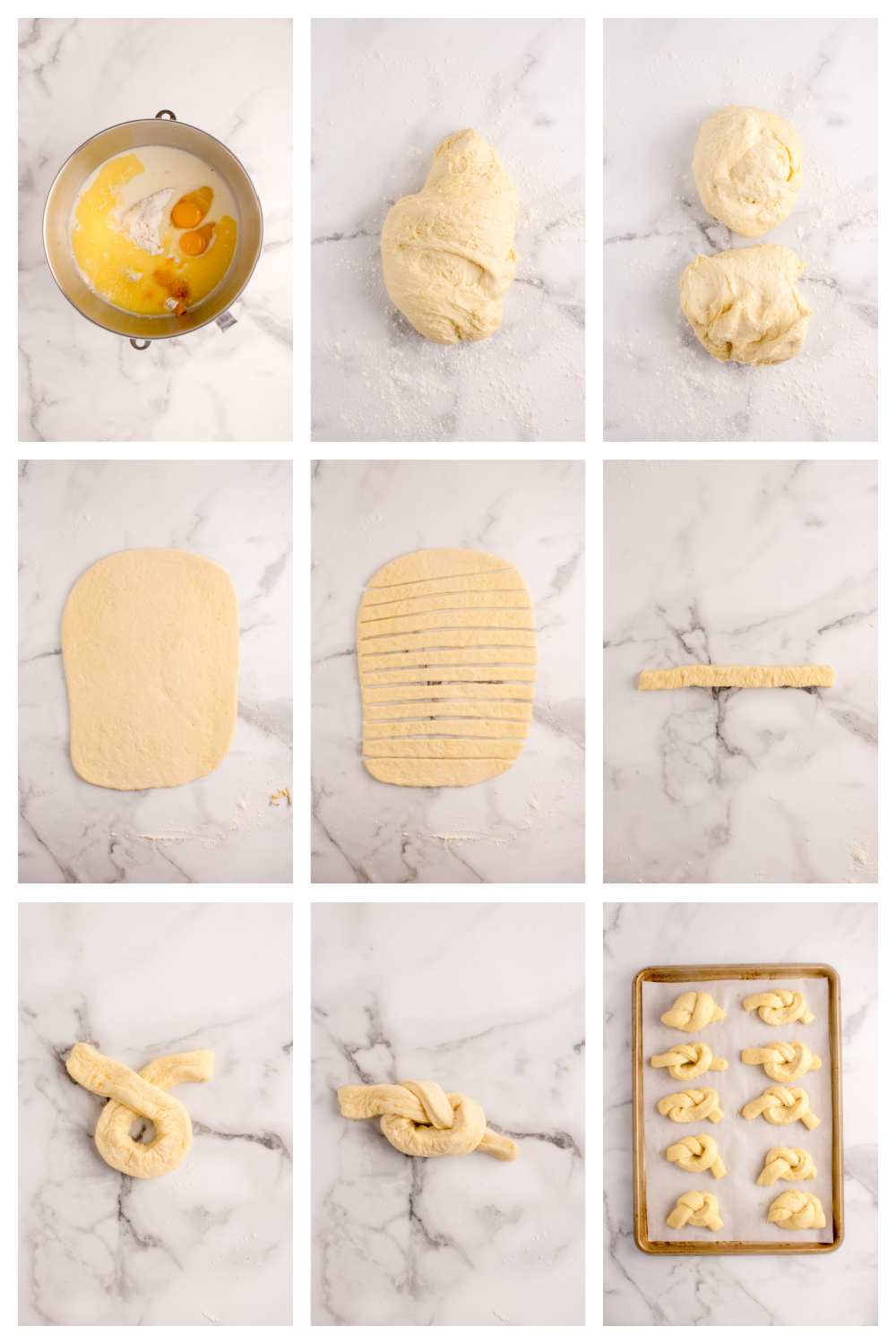 How to Make Orange Knot Rolls Step-by-step process showing dough rolled, cut, and tied into knots on a floured surface.