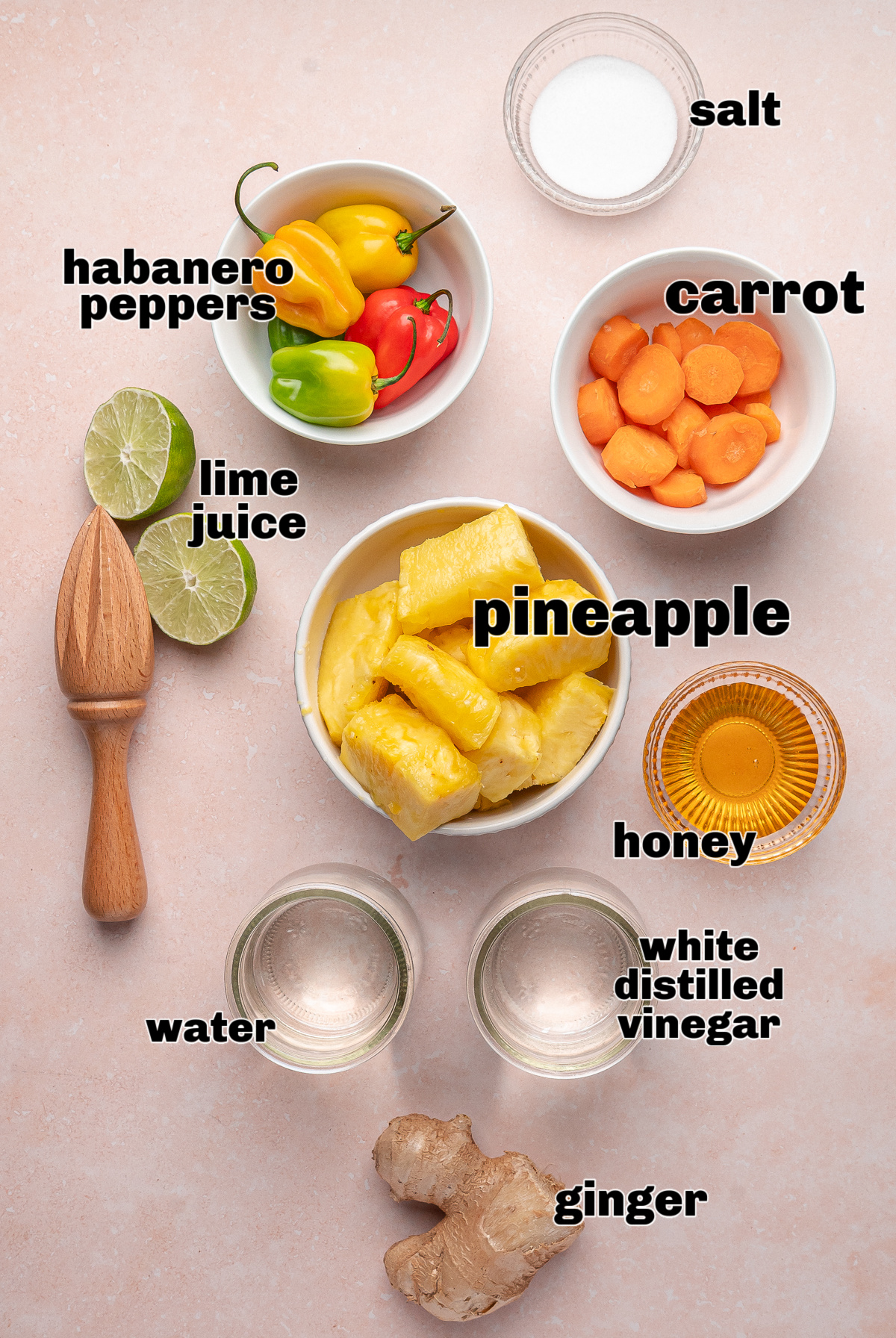 Flat lay of fresh pineapple, habanero peppers, carrots, ginger, lime, vinegar, honey, and salt arranged on a pink surface.