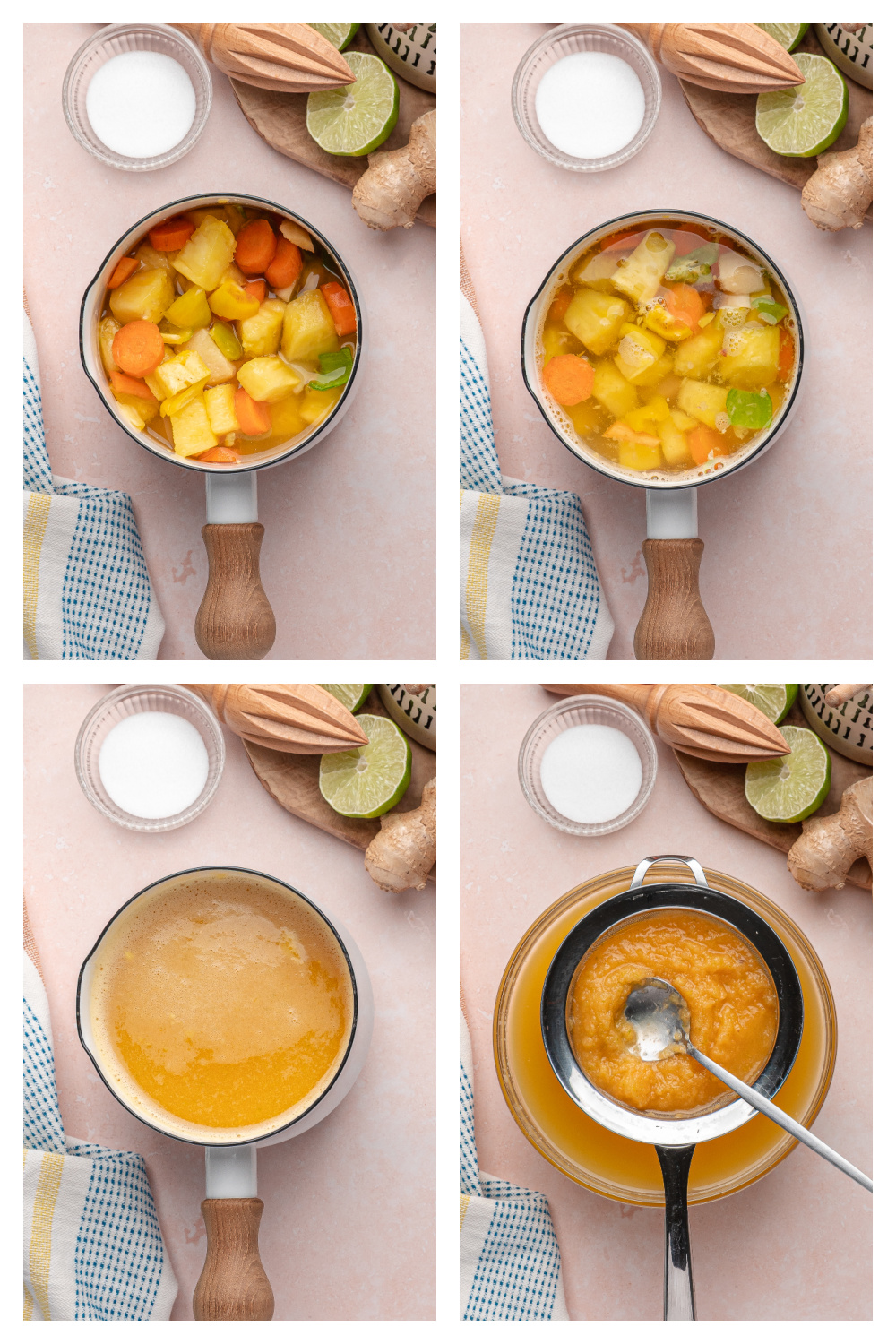 Step-by-step collage showing pineapple, carrot, and habanero mixture simmering, blending, and straining into smooth hot sauce.