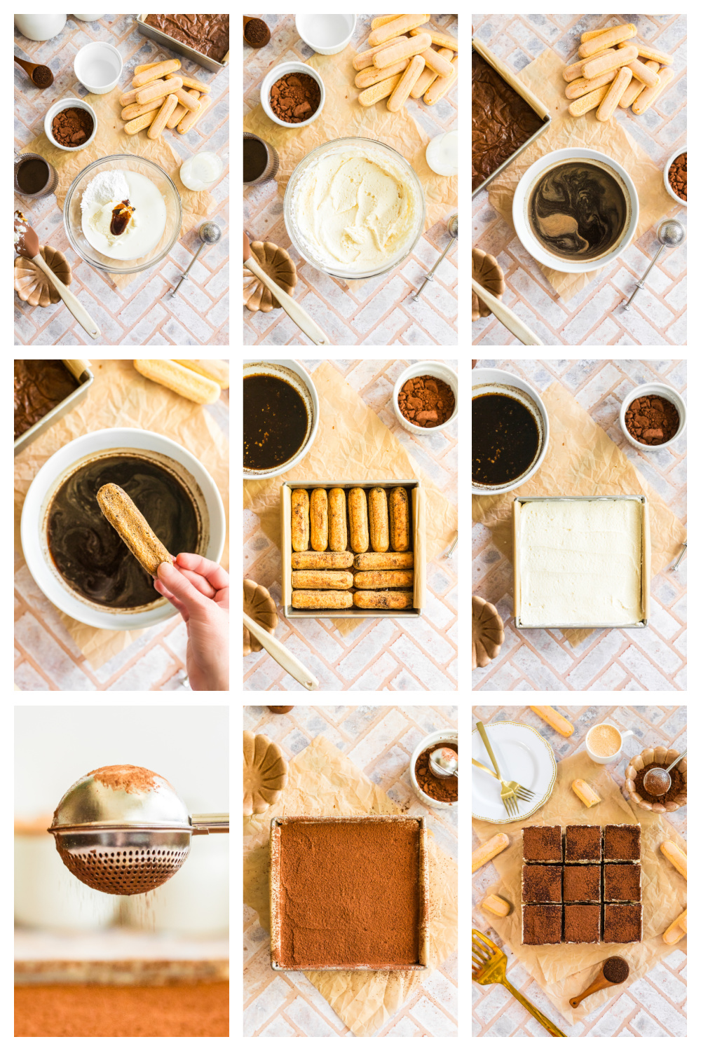 brownie tiramisu dessert step photos with ladyfingers and mascarpone. how to make brownie tiramisu dessert step-by-step with espresso dipping and mascarpone cream layering.