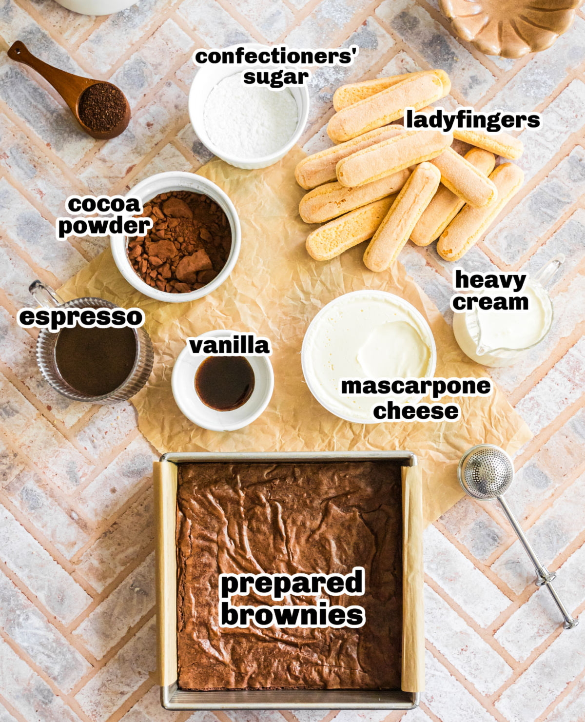 mascarpone espresso brownies ingredient photo with labeled components. mascarpone espresso brownies ingredients layout showing cocoa powder, espresso, and ladyfingers.
