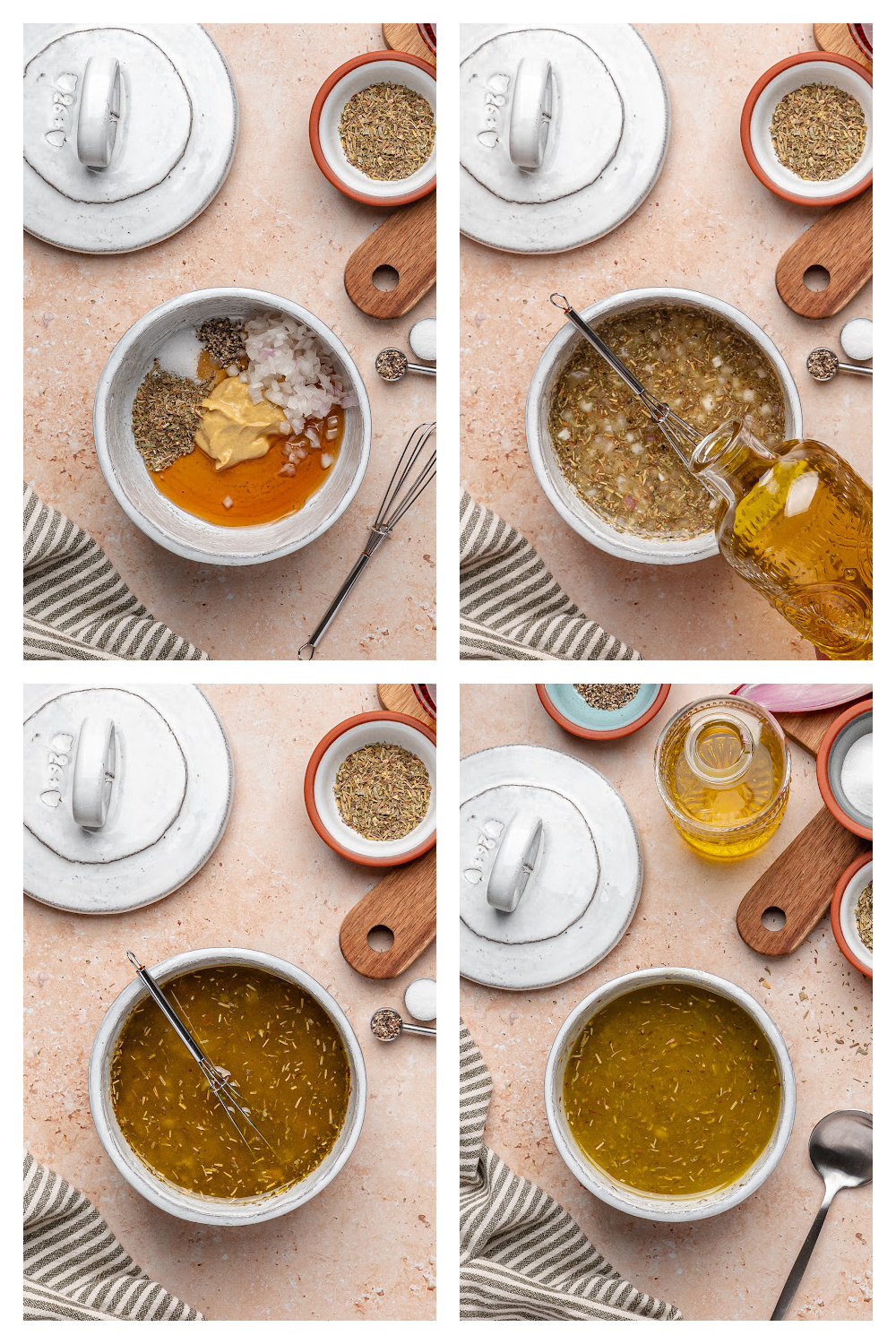 How to Make Homemade Vinaigrette Step-by-step photos showing how to whisk vinaigrette with shallot, Dijon, and maple syrup