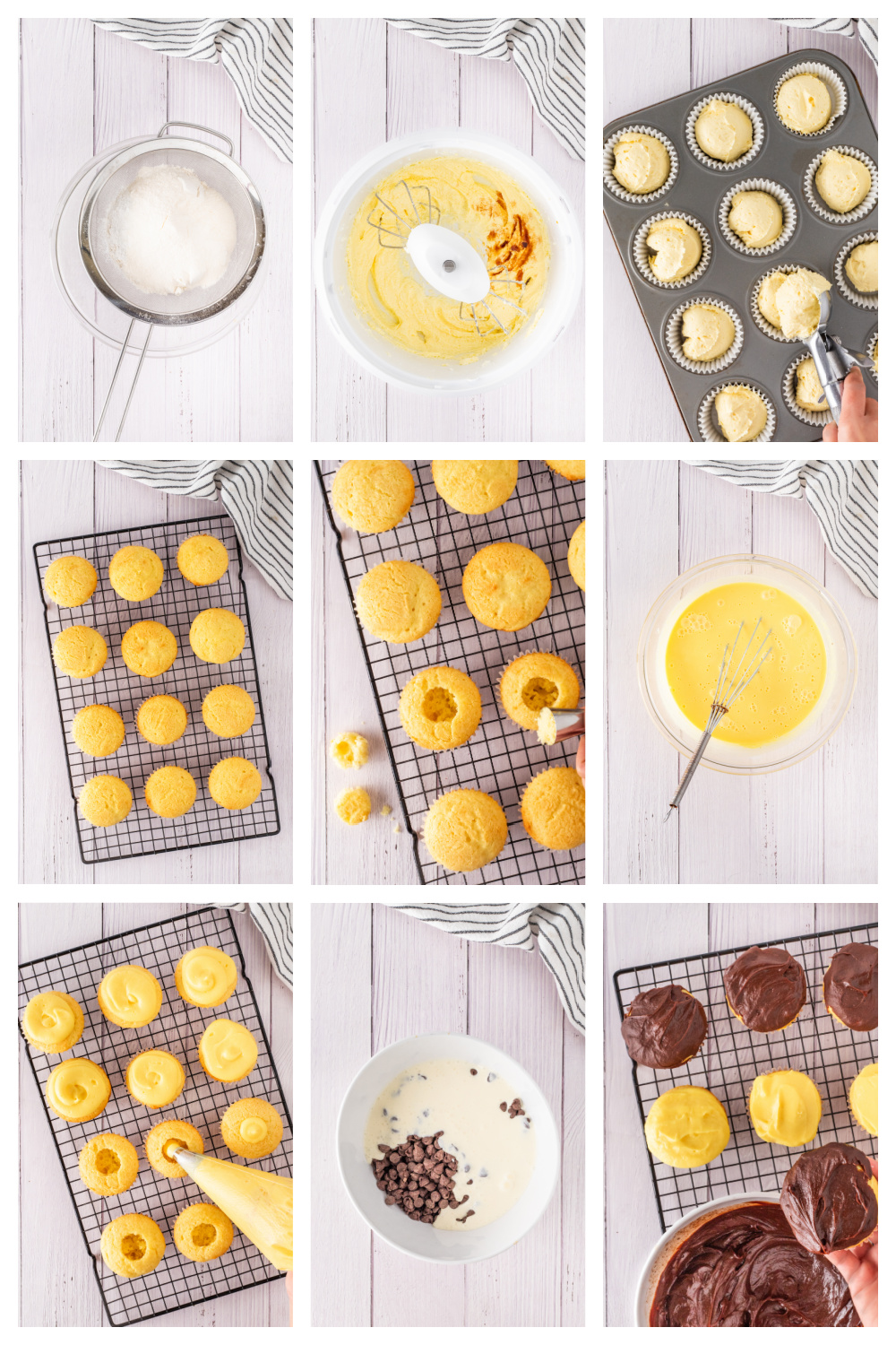 Boston Cream Pie Cupcakes Step-by-Step Process Step-by-step collage showing the process of making Boston cream pie cupcakes, from mixing the batter and baking to filling with vanilla pudding and topping with chocolate ganache