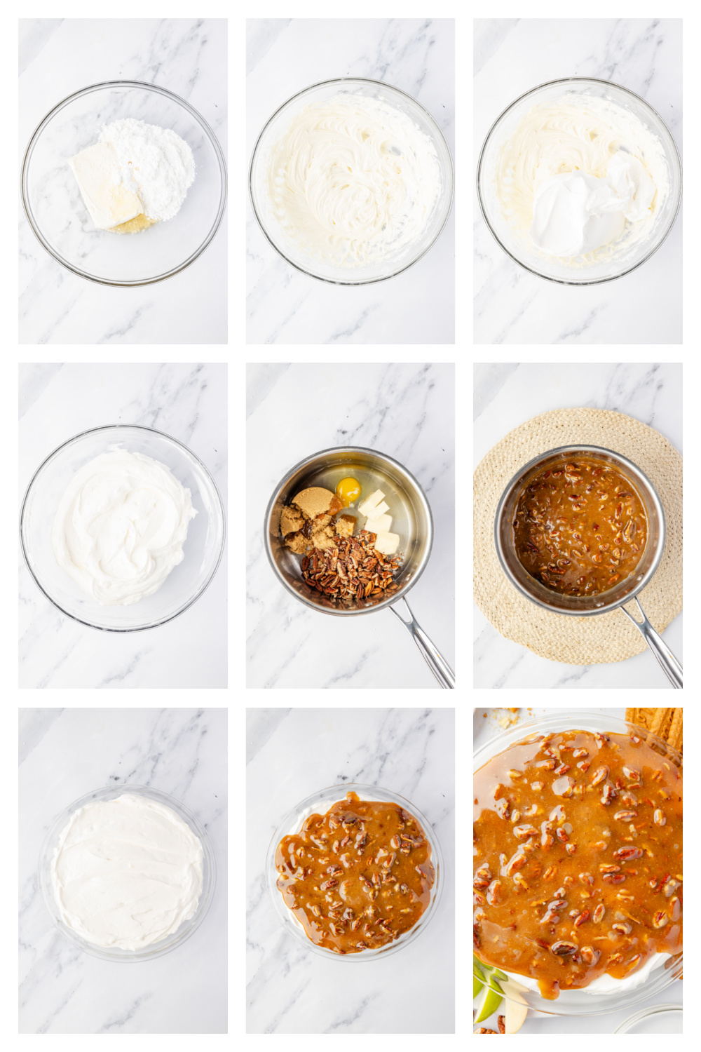 Step-by-step images showing how to make a cream cheese dessert dip, including beating the cream cheese mixture, cooking the caramel pecan topping in a saucepan, and assembling the layers in a pie dish.