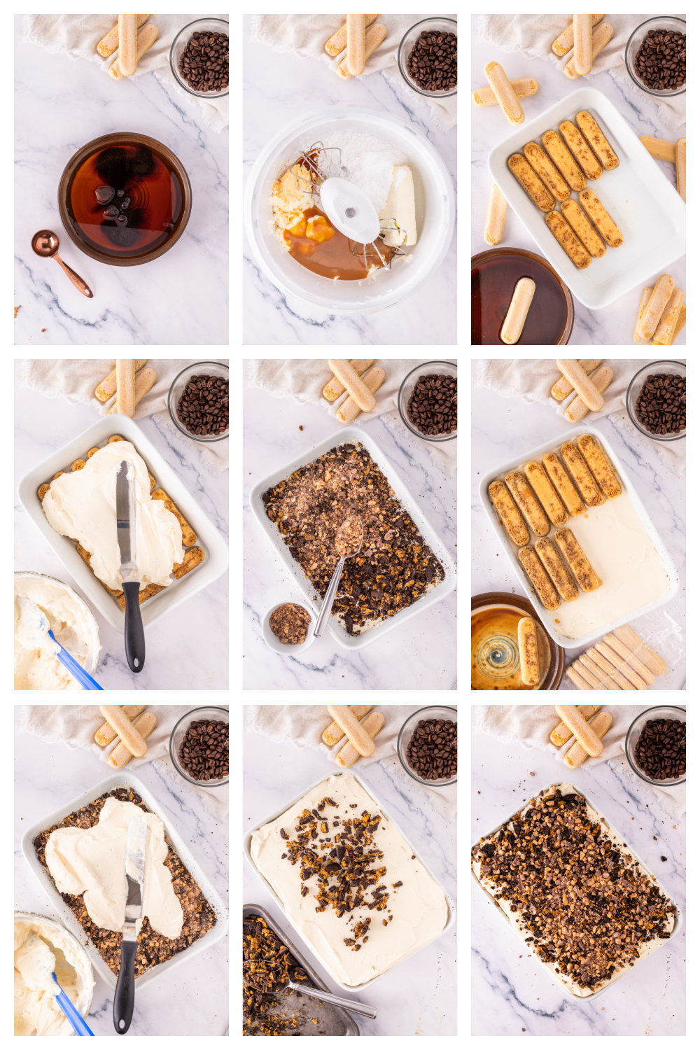 Step-by-step process for making toffee tiramisu, showing espresso soak, mixing mascarpone and caramel, layering ladyfingers, toffee cream, crushed Toffee Crunch OREOs, and finishing with toffee topping.