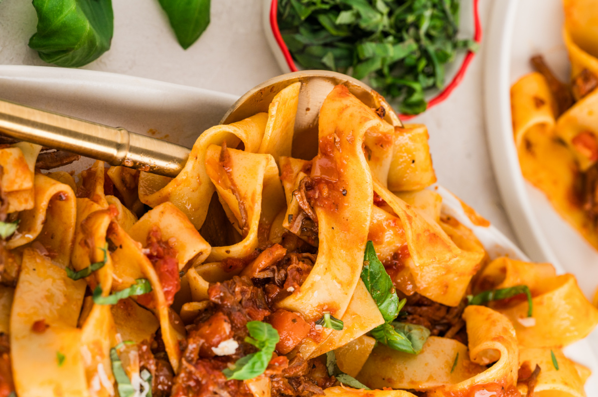 Pappardelle coated in tomato-braised beef ragù lifted with a serving spoon. A close-up of wide pappardelle ribbons coated in braised beef ragù, twirled on a serving spoon with tomato-rich sauce, fresh herbs, and tender shredded beef.