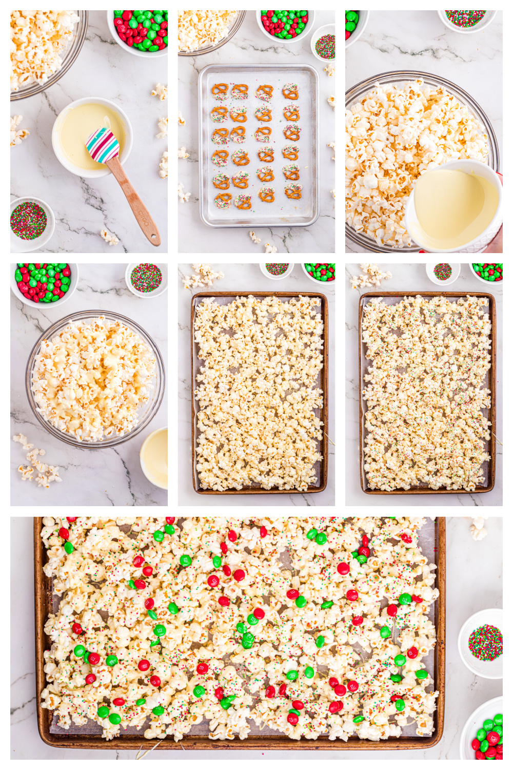 How to make Christmas popcorn mix with white chocolate–coated popcorn spread on a baking sheet and topped with candy and sprinkles.