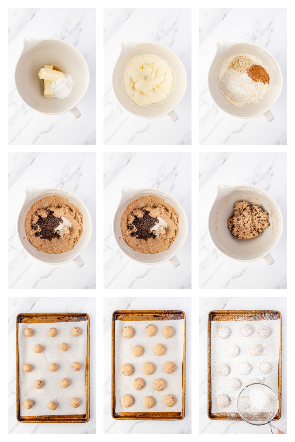 Step-by-step process of making the cookies. A nine-image collage showing the dough being mixed, shaped, baked, and finished with confectioners’ sugar.