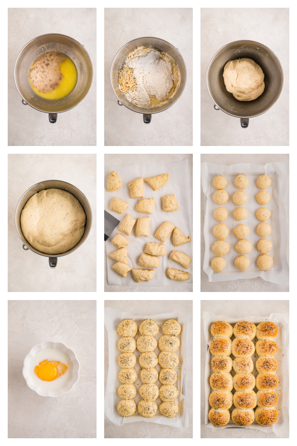 Visual steps for making seasoned yeast rolls, from mixing and rising the dough to shaping, topping, and baking. Step-by-step process showing yeast dough coming together in a stand mixer, rising until doubled, divided into pieces, shaped into rolls, brushed with egg wash, topped with seasoning, and baked until golden.