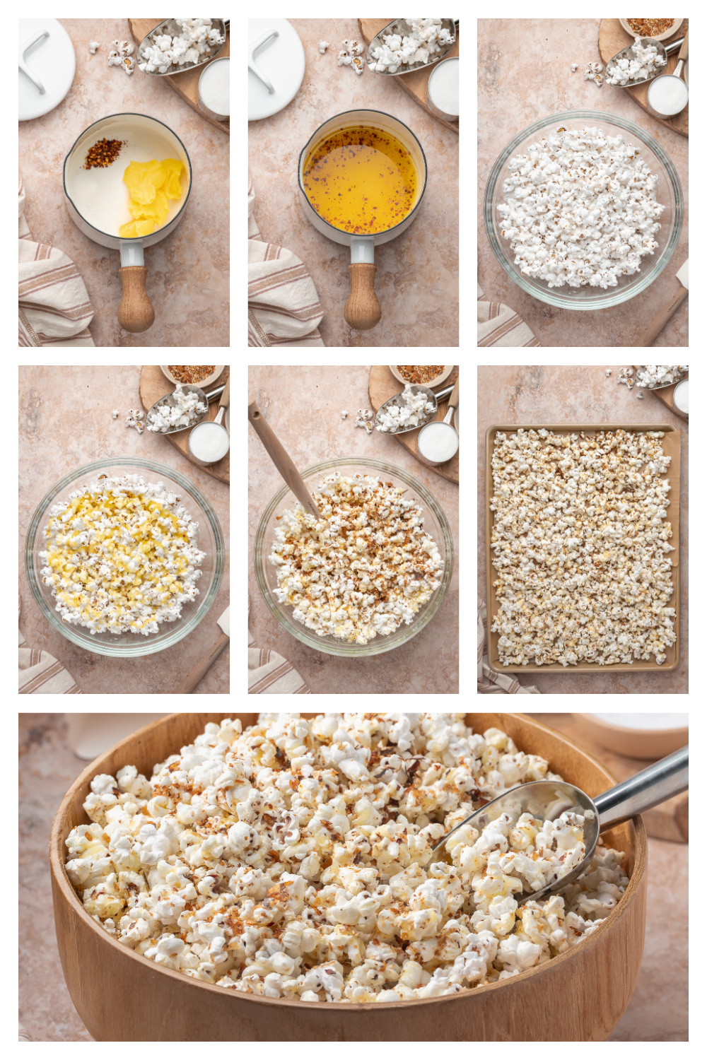 Step-by-step photos showing how to make the seasoned furikake popcorn from melting the butter mixture to the final bowl. A step-by-step collage showing ghee melting with seasoning, popcorn in a bowl, the butter mixture being poured and stirred, the seasoned popcorn spread on a baking sheet, and the finished sweet and spicy furikake popcorn in a wooden bowl.