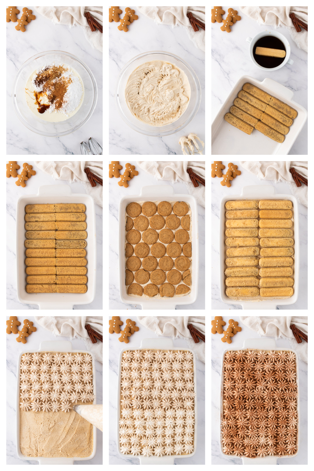 How to assemble a layered gingerbread tiramisu with cream, cookies, and cocoa. A step-by-step collage showing how to assemble gingerbread tiramisu, from mixing the spiced mascarpone cream to dipping ladyfingers, layering gingersnaps, spreading the cream, and finishing with piped stars and cocoa.