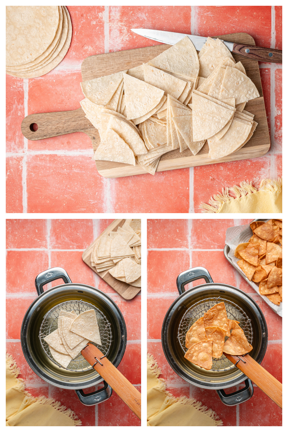 Corn tortillas sliced into wedges for frying Corn tortillas cut into wedges on a cutting board before frying.