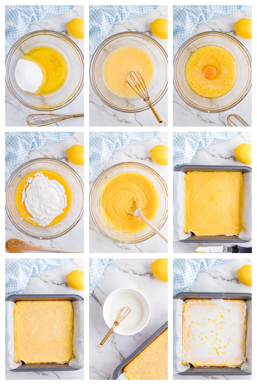 Visual steps for mixing, baking, and glazing lemon dessert bars from start to finish. Step-by-step process of making lemon dessert bars, showing mixing the batter, spreading it into a parchment-lined pan, baking, and glazing.