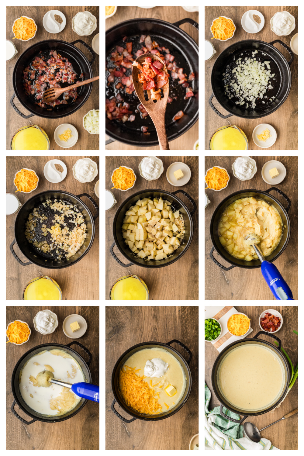 Step-by-step process of making creamy potato soup, from rendering bacon and sautéing onions to blending the potatoes and stirring in dairy.
