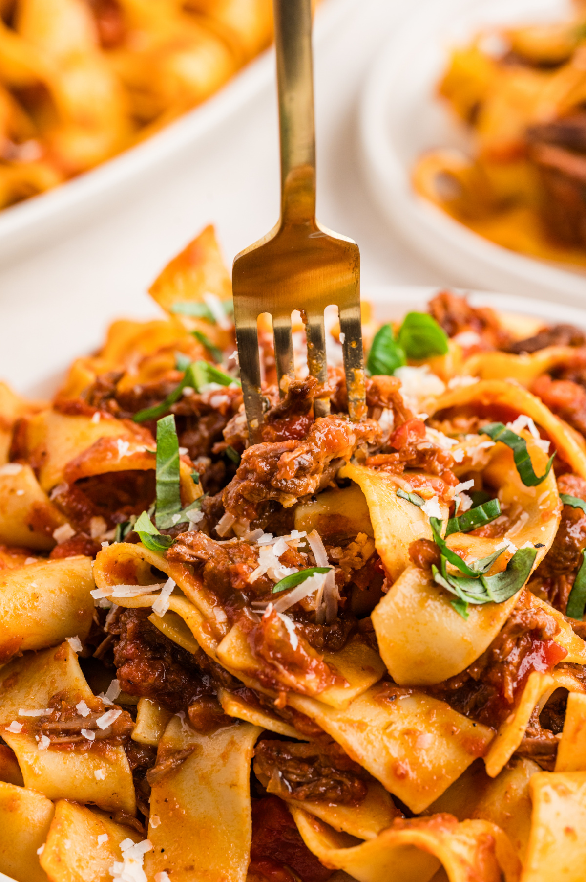 Close-up of pappardelle twirled with slow-cooked beef ragù and herbs. A fork lifting tender shredded beef ragù and wide pappardelle ribbons, coated in a rich tomato sauce with basil and parmesan.