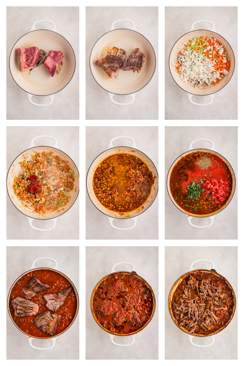 Process collage showing how to make a slow-braised beef ragù from searing to shredding. Step-by-step process images showing searing beef, softening soffritto, adding tomatoes and herbs, braising the sauce, and shredding the cooked beef for a hearty ragù.