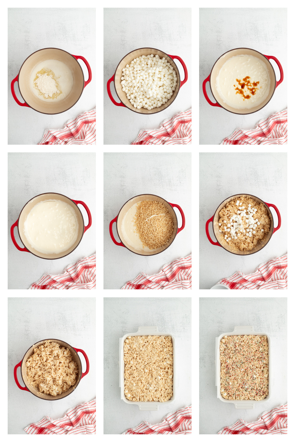Step-by-step process showing butter and sugar cookie mix melted, marshmallows stirred in, cereal folded through, and the mixture pressed into a baking dish with sprinkles.