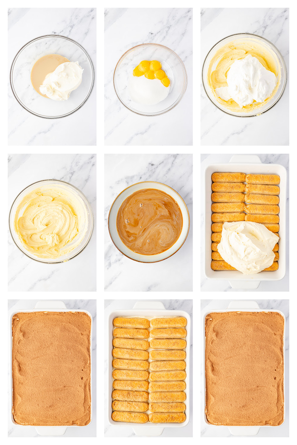 Step-by-step collage showing how to make Baileys Irish Cream Tiramisu, from mixing mascarpone and eggs to layering espresso-soaked ladyfingers and finishing with cocoa powder.