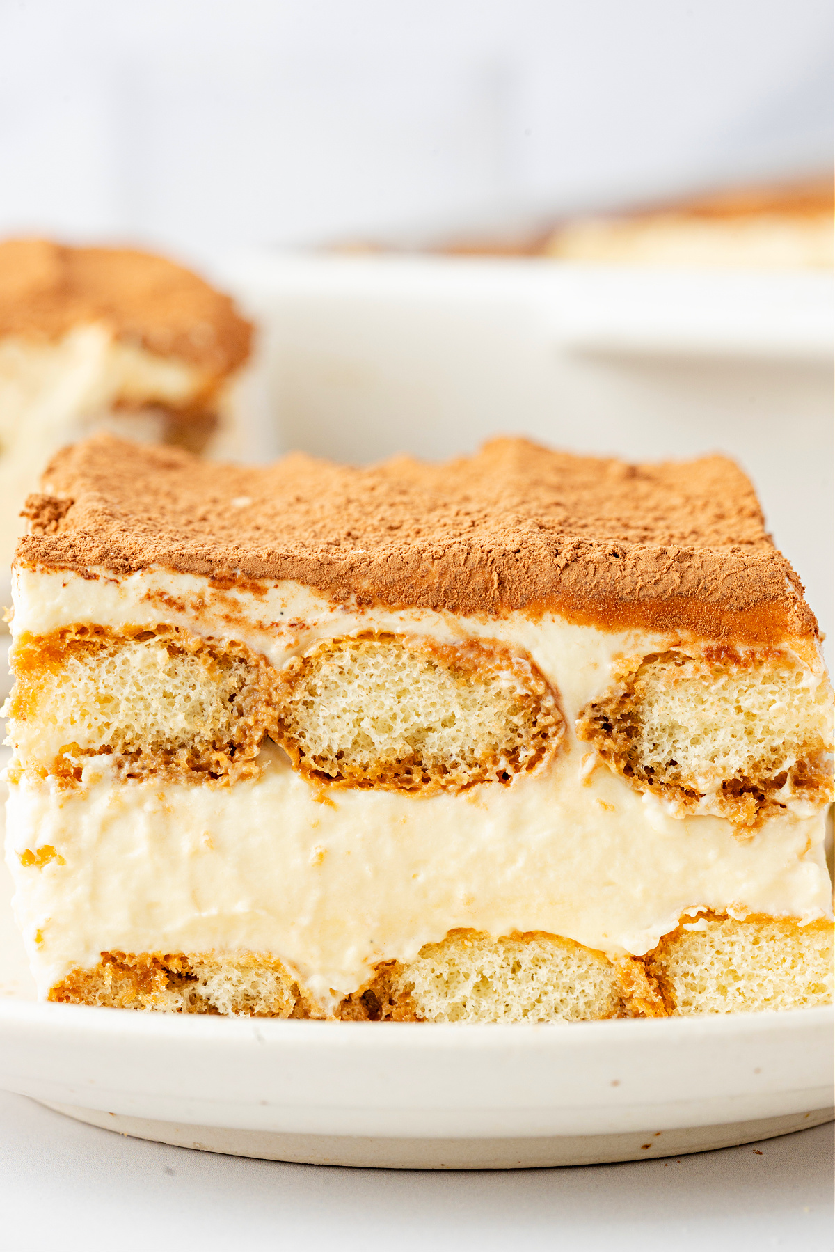 Baileys Irish Cream Tiramisu with visible layers of espresso-soaked ladyfingers and mascarpone cream, finished with a cocoa-dusted top.