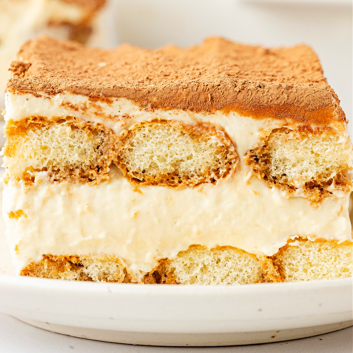 Baileys Irish Cream Tiramisu with cocoa-dusted top and layered mascarpone filling.