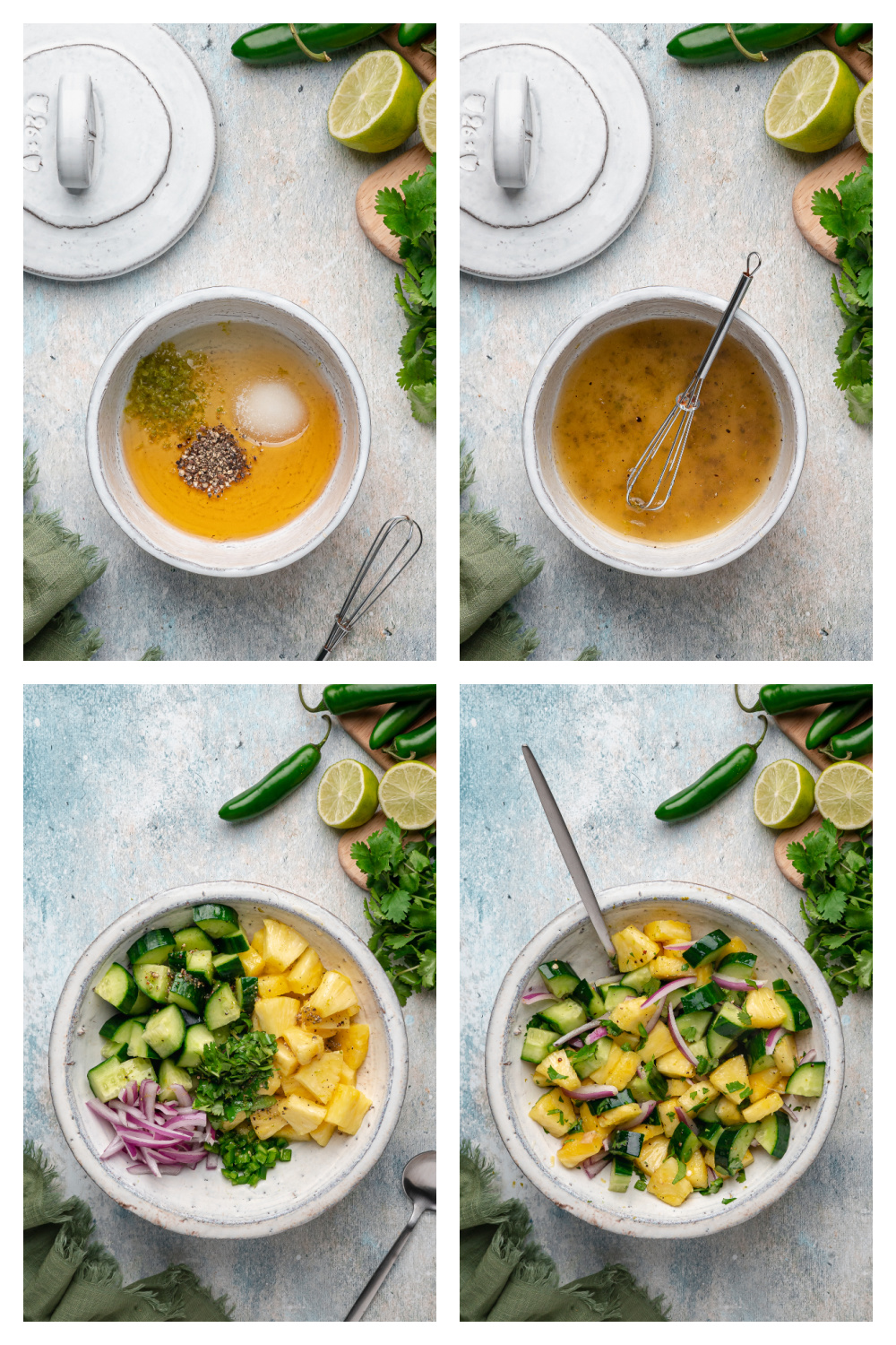 The steps show how the chilled pineapple cucumber salad comes together. How to make chilled pineapple cucumber salad, showing the dressing being whisked, the salad mixed, and the final toss before chilling.