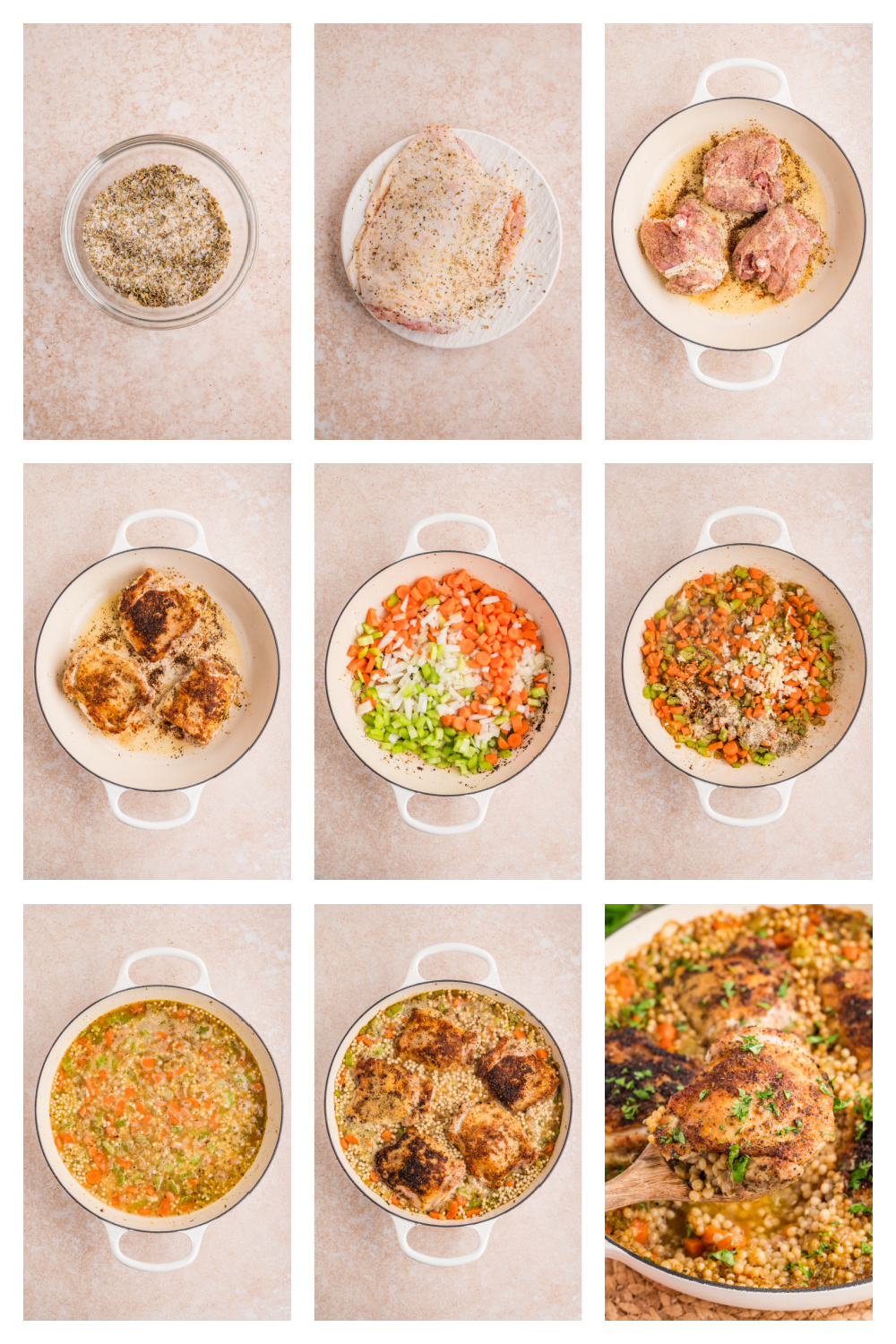 Visual steps for making chicken thighs with pearl couscous, from seasoning and searing the chicken to simmering the couscous and baking everything together. Step-by-step process showing seasoning chicken thighs, searing them in a braiser, cooking vegetables, adding couscous and broth, and returning the chicken to finish in the oven.