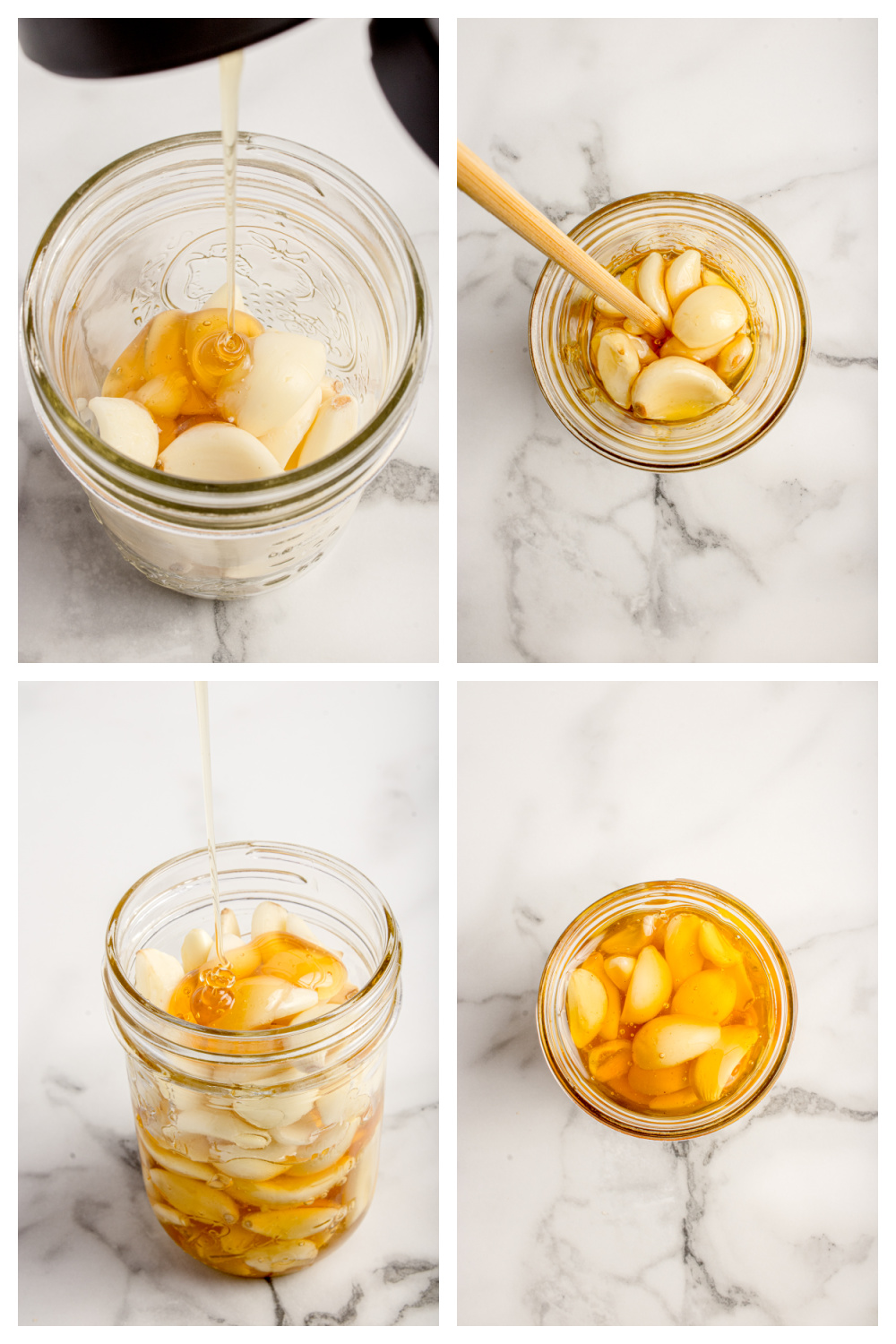 Honey being poured over whole garlic cloves in a mason jar, with the cloves stirred and fully submerged during the fermentation setup process.