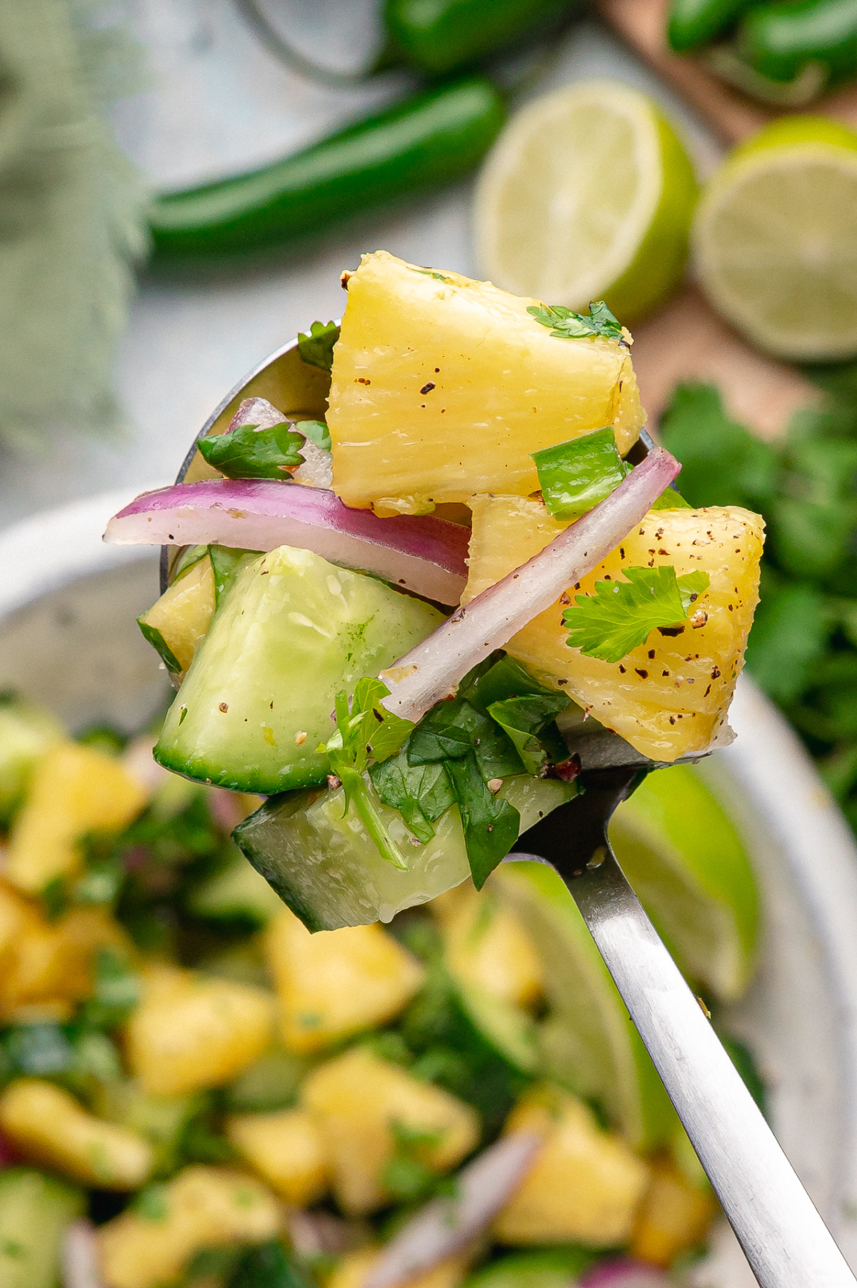 A fork lifts a bite of pineapple and cucumber salad from the plate. Fork lifting a bite of pineapple and cucumber salad with red onion, cilantro, and lime.