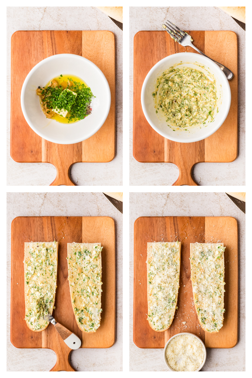 Step-by-step process showing garlic confit butter mixed and spread onto bread before air frying Steps for making air fryer garlic bread with garlic confit, from mixing the butter to spreading it on the bread