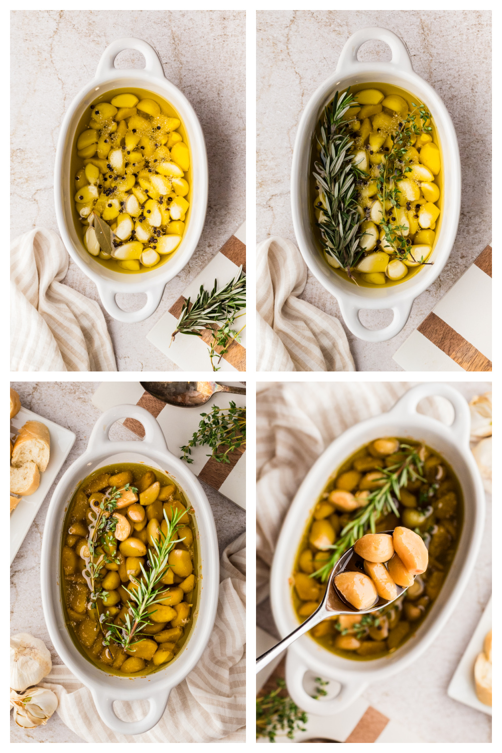 Ingredients for oven-cooked garlic cloves in olive oil. Peeled raw garlic cloves with olive oil, thyme, rosemary, bay leaf, kosher salt, and black peppercorns.