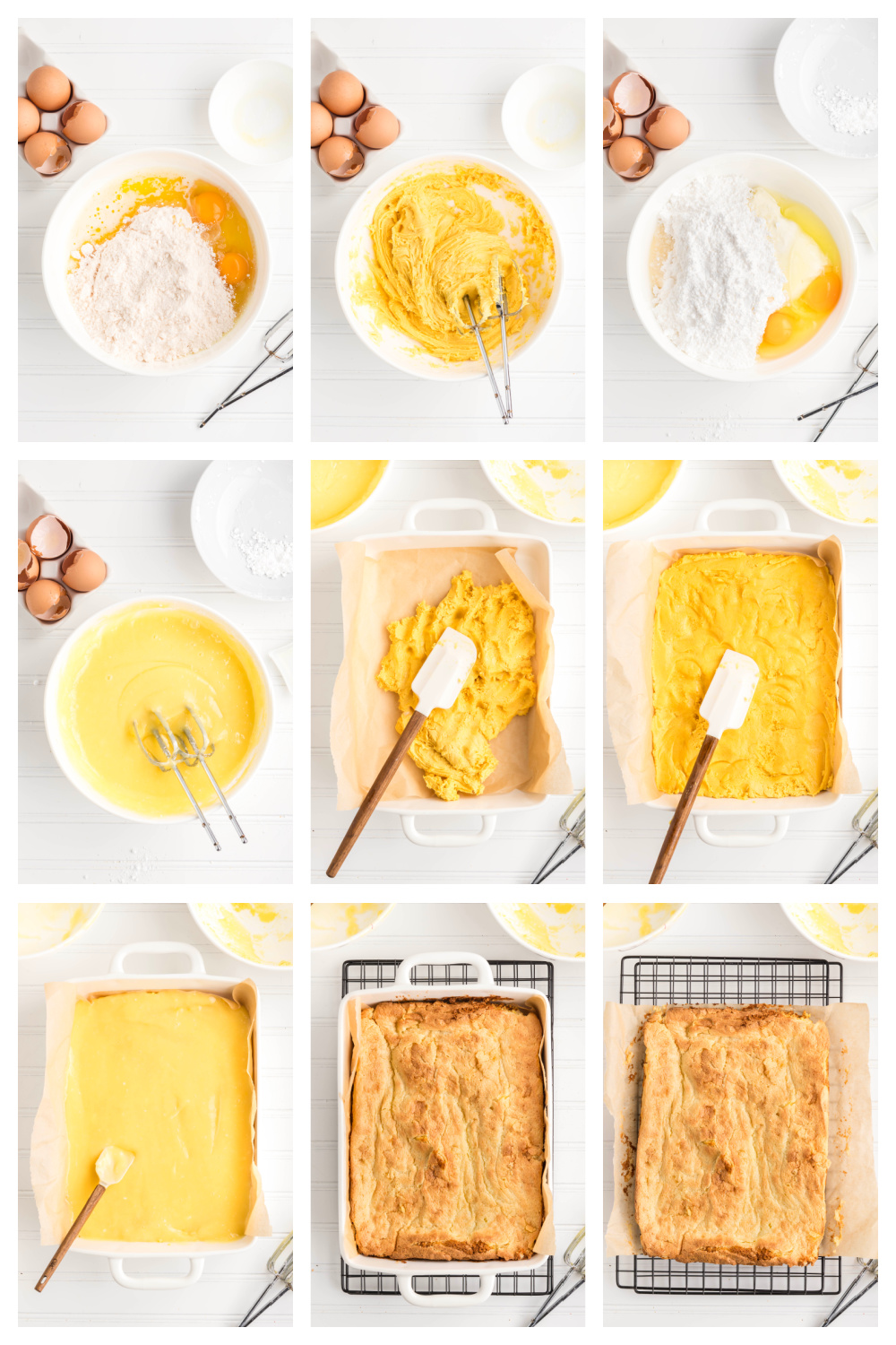 Mixing and spreading butter cake batter into a prepared baking pan. Step-by-step process showing the batter mixed and spread into a baking dish before baking.