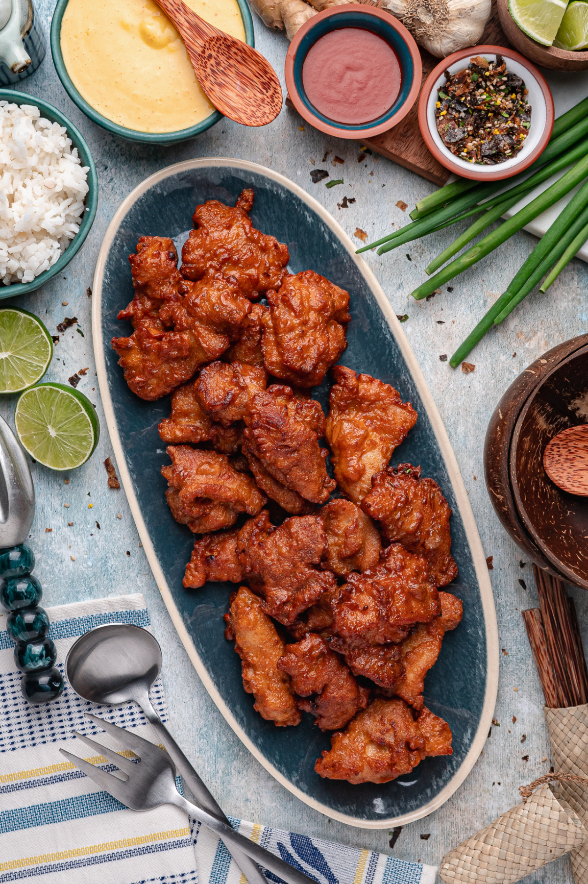 Hawaiian mochiko chicken platter Hawaiian mochiko chicken on platter with crispy sweet rice flour coating