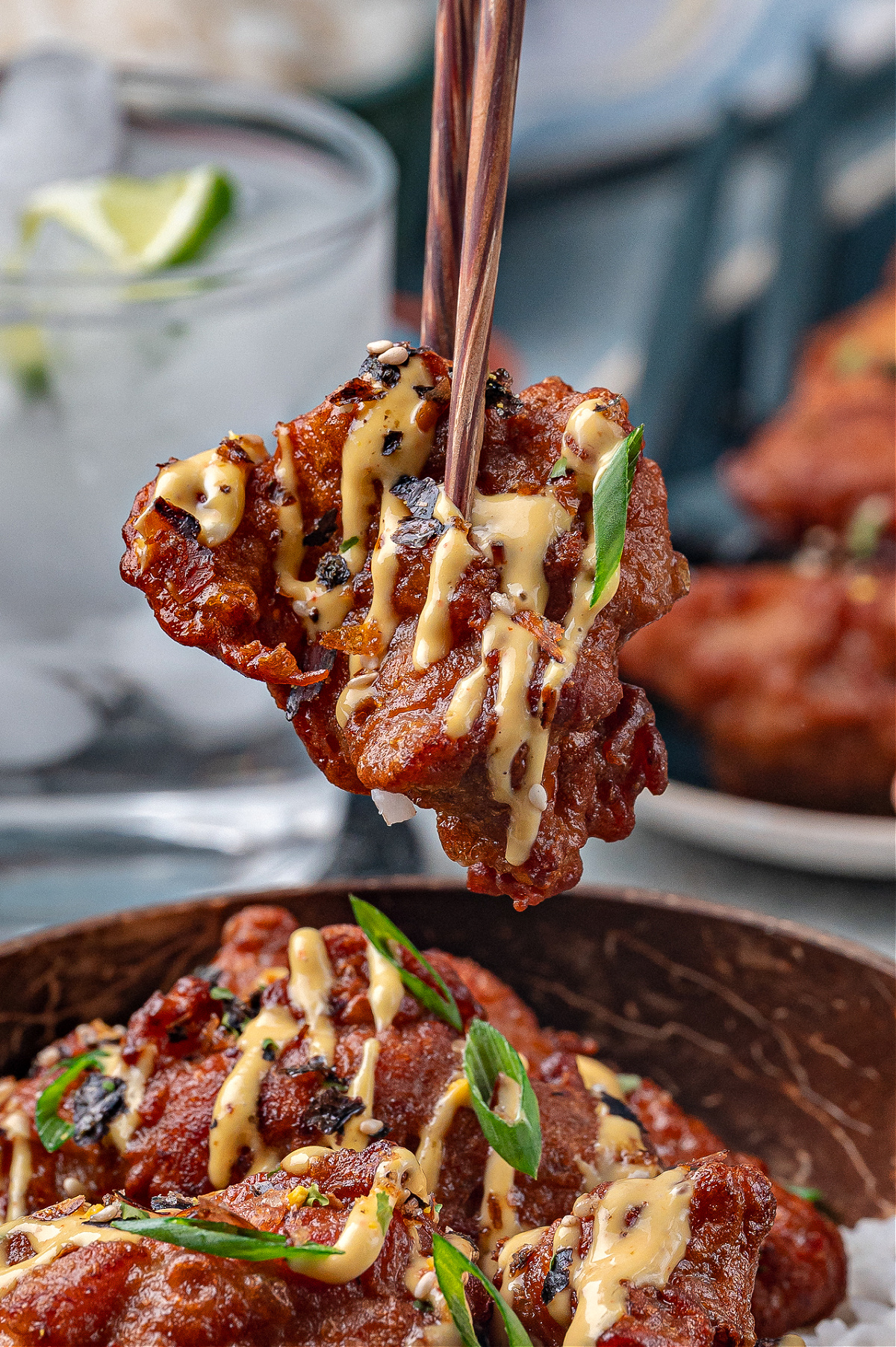 Crispy Hawaiian mochiko chicken with mango aioli Hawaiian mochiko chicken with mango aioli and furikake