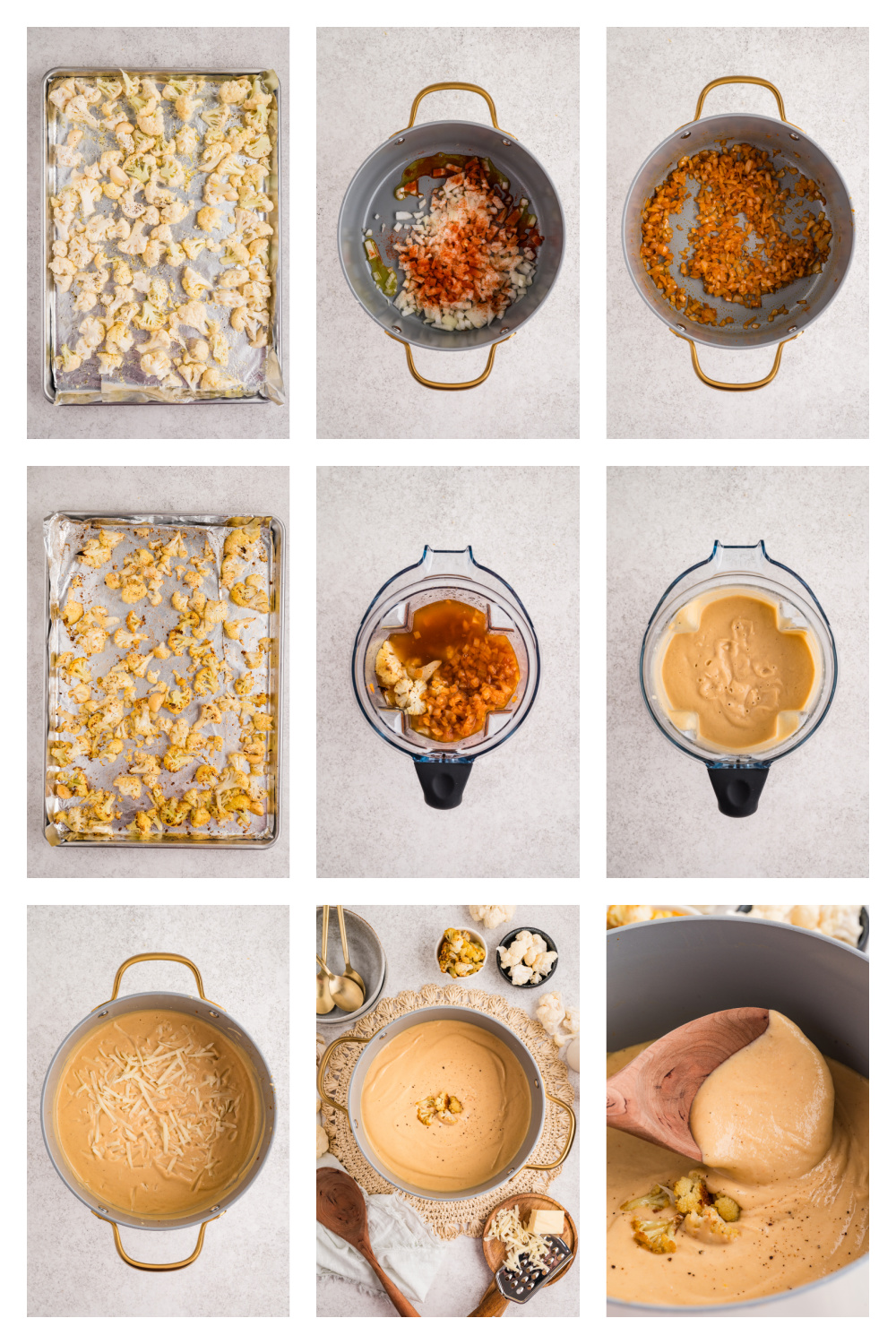 Steps showing how cauliflower soup is made, including roasting cauliflower, sautéing onions with paprika, blending the soup, and stirring in white cheddar.