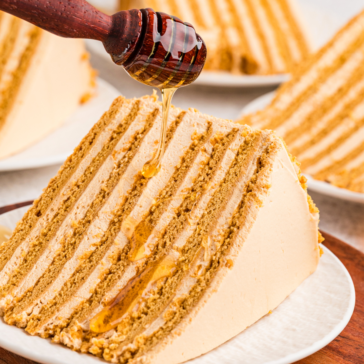 Russian honey cake with baked honey layers and whipped dulce de leche frosting, sliced after an overnight rest.
