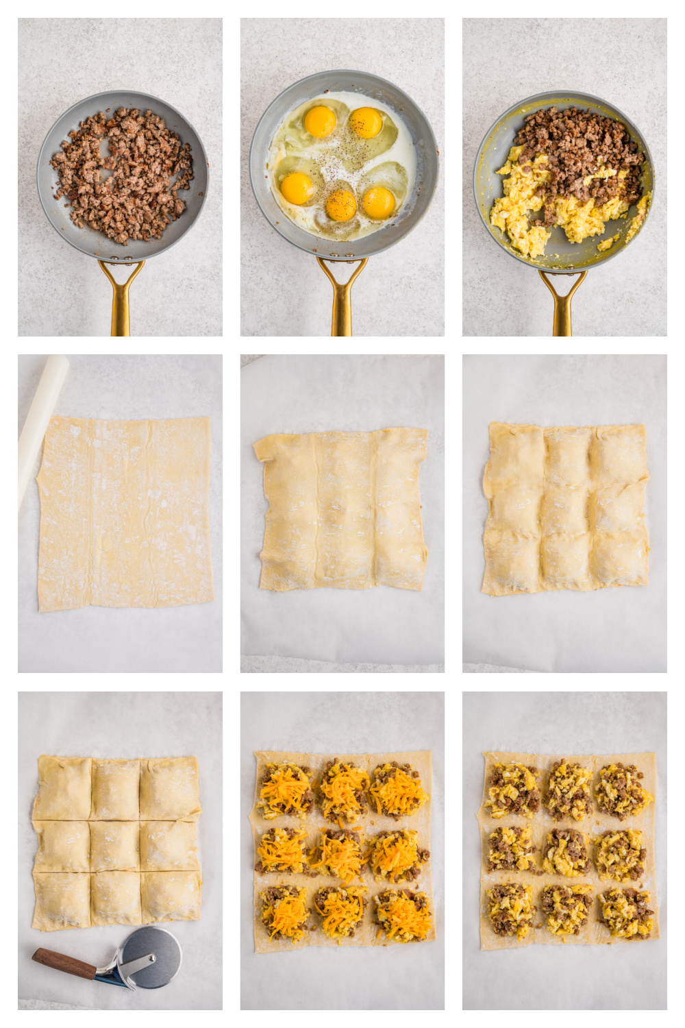 This step-by-step process shows how sausage, egg, and cheese breakfast pastries are assembled using puff pastry before baking. Step-by-step process showing how sausage, egg, and cheese breakfast pastries are assembled with puff pastry, from cooking the filling to sealing and cutting the pastries.