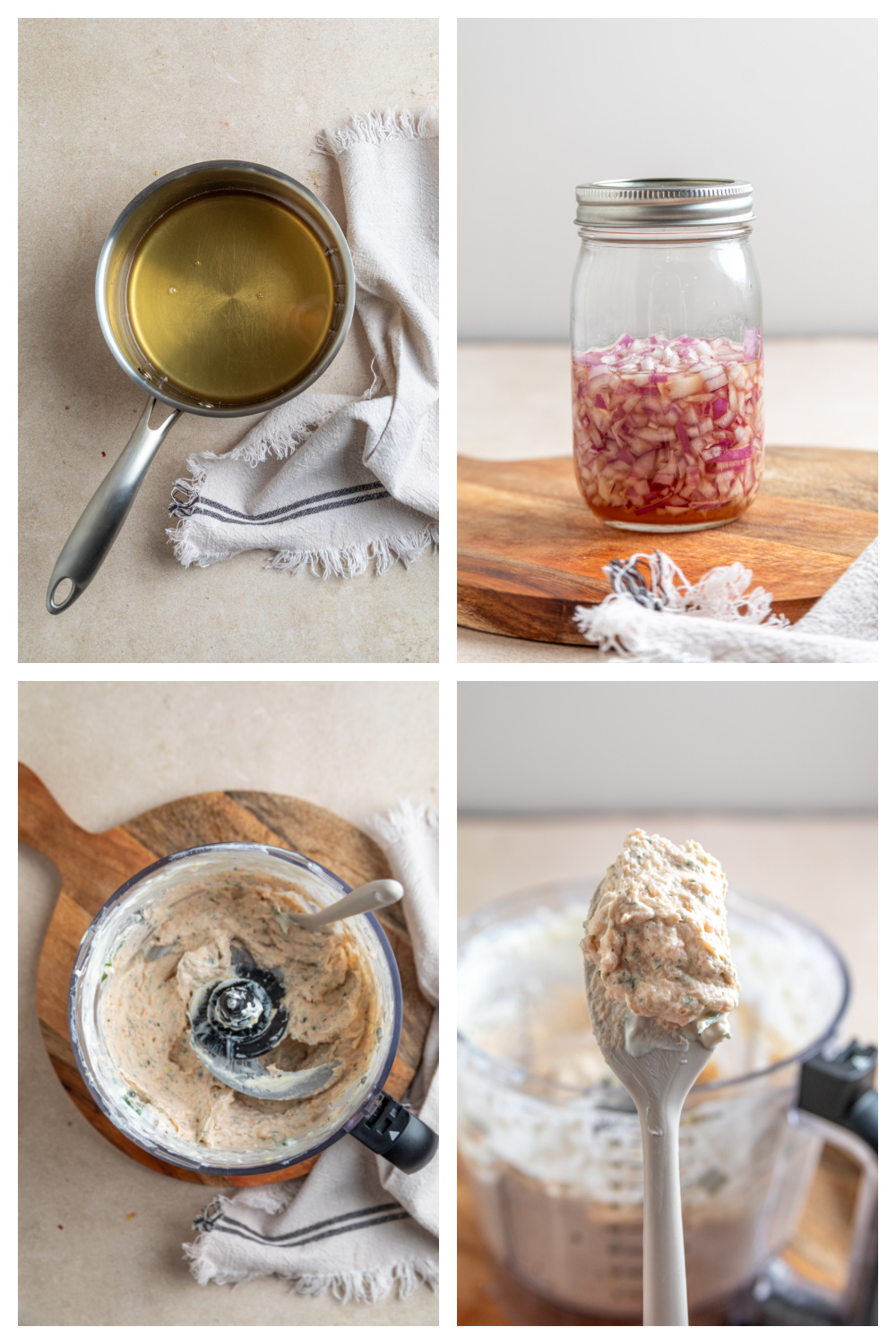 How to make smoked salmon dip, from quick-pickled onions to blending the creamy salmon base. Steps for making smoked salmon dip, showing quick-pickled red onions, the creamy base blended in a food processor, and the finished texture on a spoon.