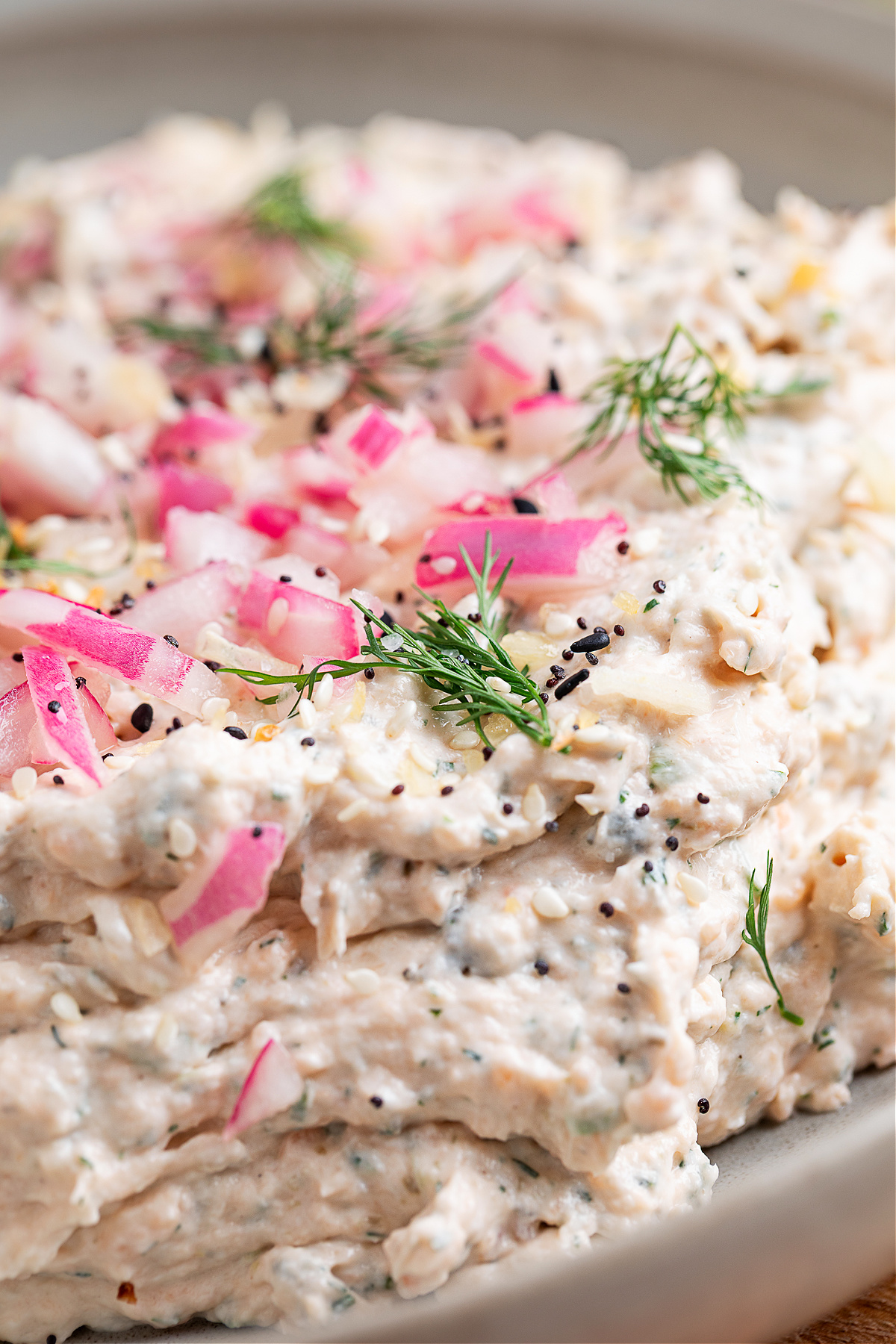 Smoked salmon dip with visible salmon pieces and pickled red onion topping. Close-up of smoked salmon dip showing a chunky, creamy texture with pickled red onions, fresh dill, and everything bagel seasoning on top.