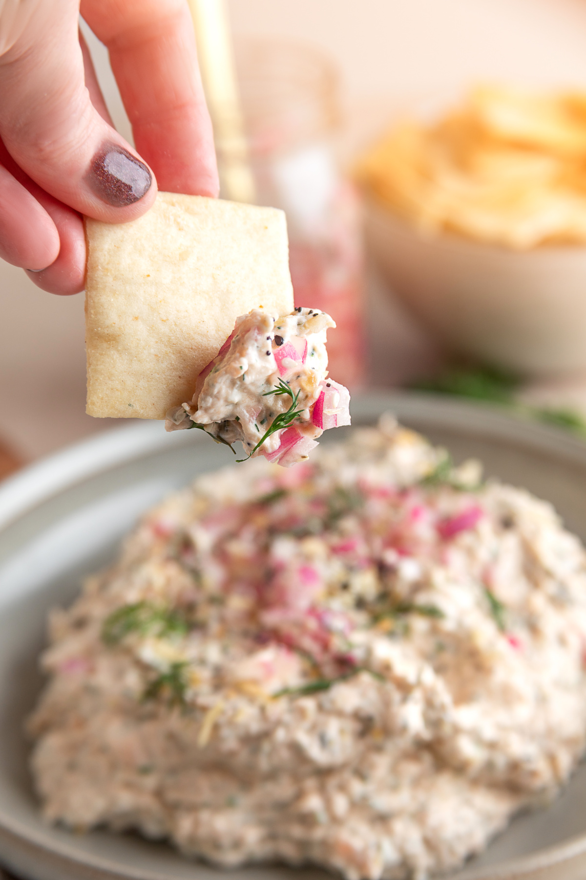Smoked salmon dip topped with pickled red onions, dill, and everything bagel seasoning. Smoked salmon dip being finished with everything bagel seasoning and pickled red onions just before serving.