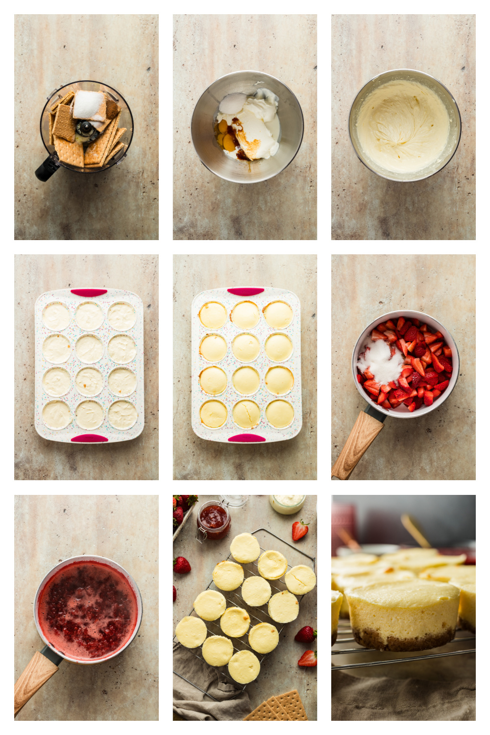 Process photos showing how the graham cracker crust, cheesecake filling, and strawberry topping come together. A step-by-step collage showing the process of making mini cheesecakes, including crushing graham crackers, mixing the cheesecake filling, filling a muffin tin, baking, cooking the strawberry topping, and cooling the cheesecakes on a rack.