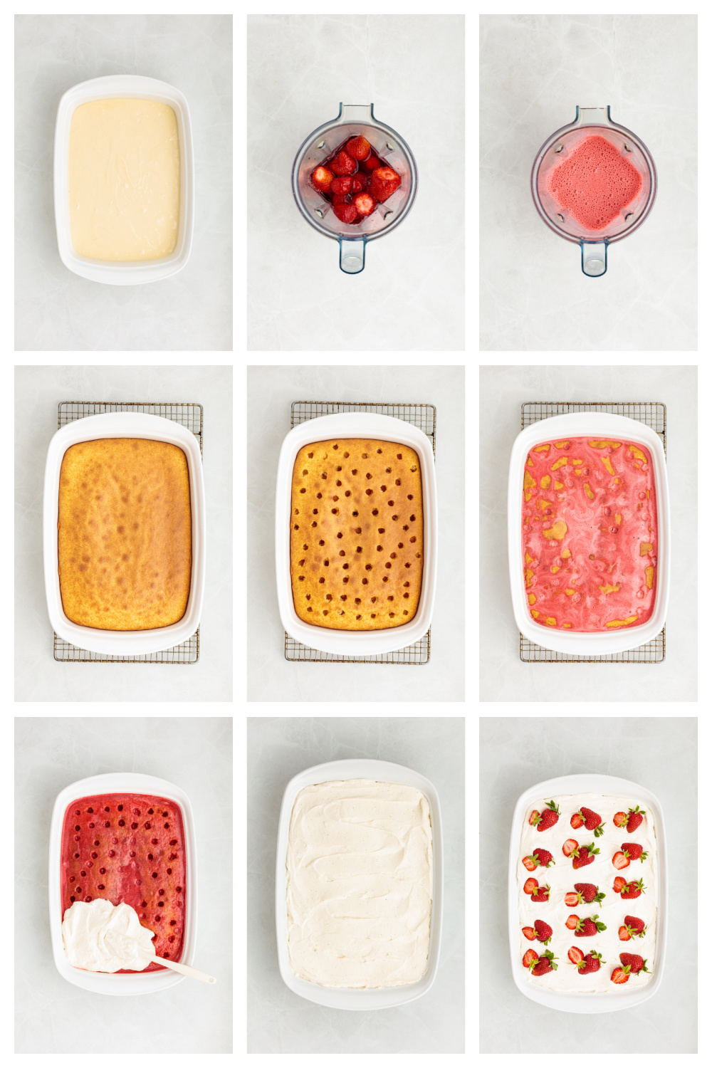 This step-by-step collage shows how the strawberry Jell-O poke cake is baked, poked, soaked with strawberry filling, frosted, and finished before chilling. Step-by-step process showing how to make strawberry Jell-O poke cake, from mixing the filling and baking the cake to poking holes, pouring the strawberry mixture, frosting, and finishing with fresh strawberries.