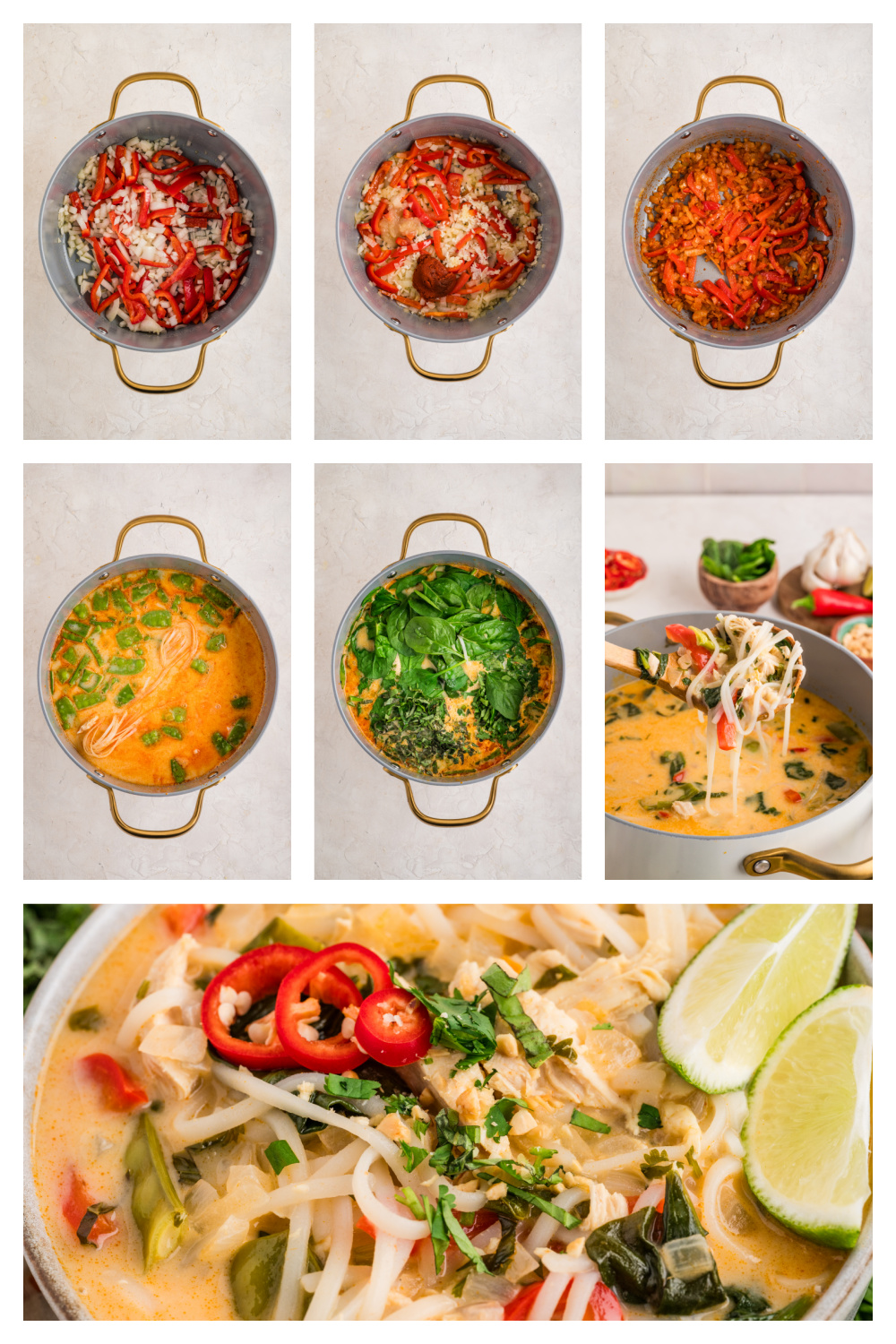 Step-by-step process of making coconut curry chicken soup, showing sautéed onion and bell pepper, bloomed red curry paste, broth and coconut milk added, rice noodles cooking, greens stirred in at the end, and finished soup ladled hot.