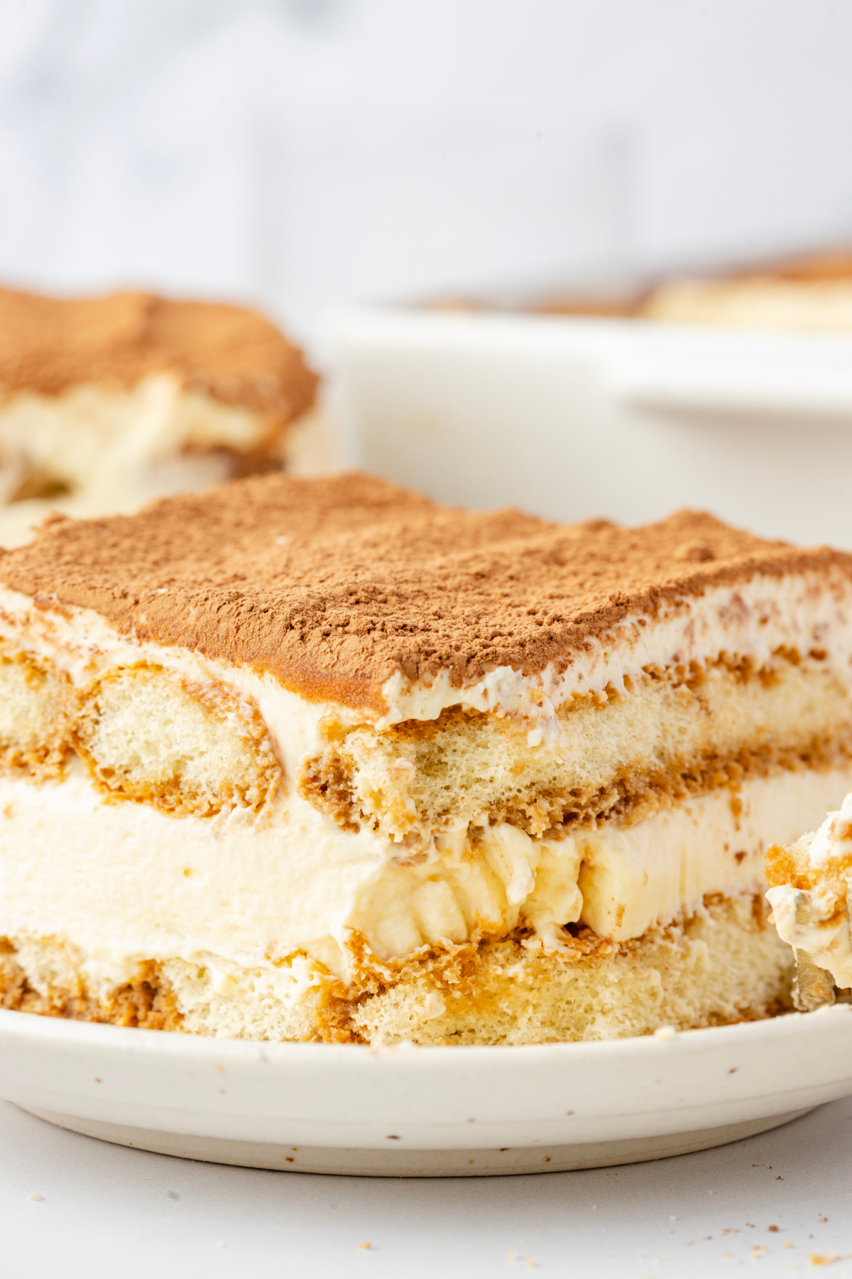 Close-up of tiramisu layers showing espresso-soaked ladyfingers and a thick mascarpone cream filling beneath a cocoa-dusted top.
