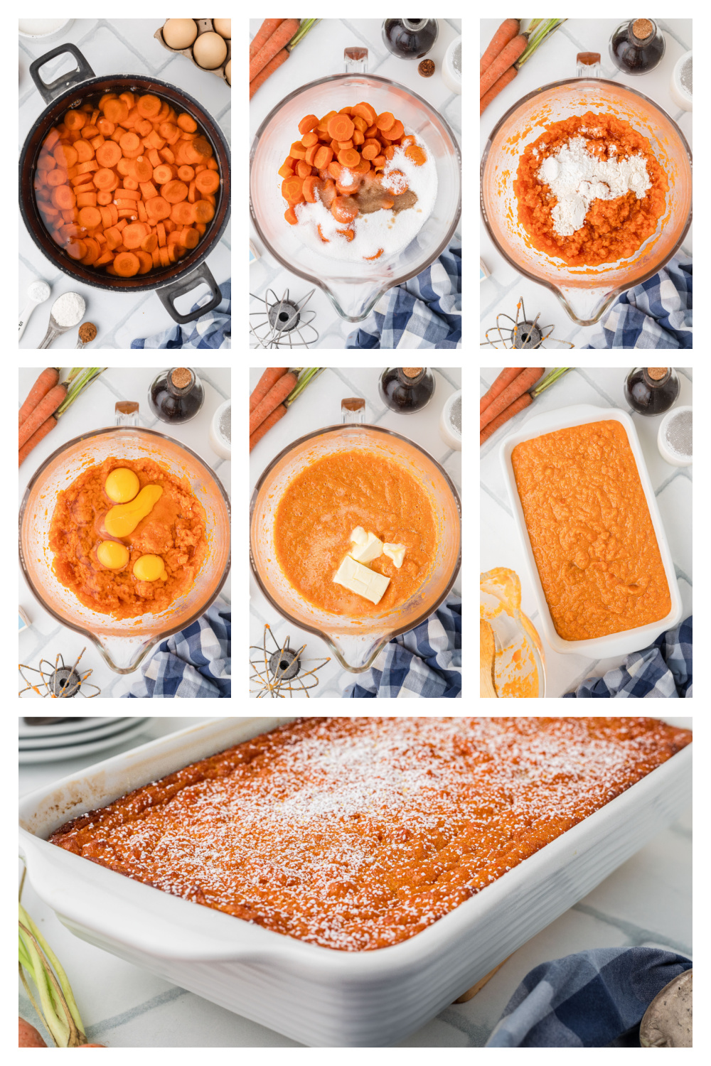 Carrot casserole recipe process collage Step-by-step process of making carrot casserole from boiling carrots to mixing batter and baking