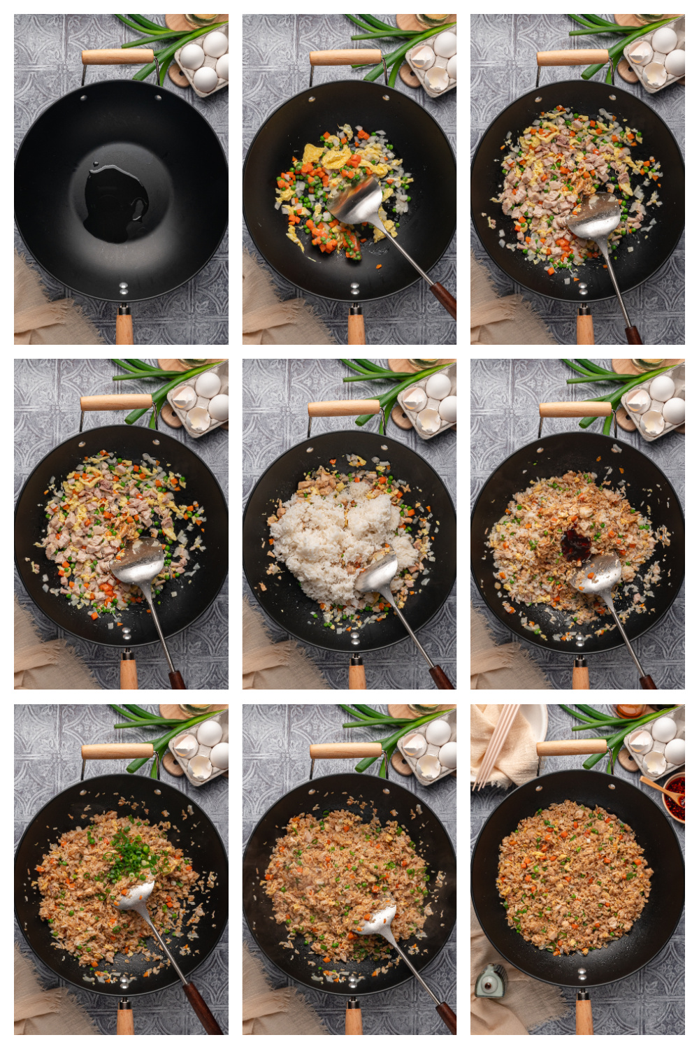 Process collage showing fried rice cooking in a wok, including heating oil, cooking vegetables and eggs, adding chicken and cold cooked rice, stirring in sauces, and finishing with green onions Step-by-step process of making fried rice with chicken in a wok, from sautéing vegetables to finishing the rice
