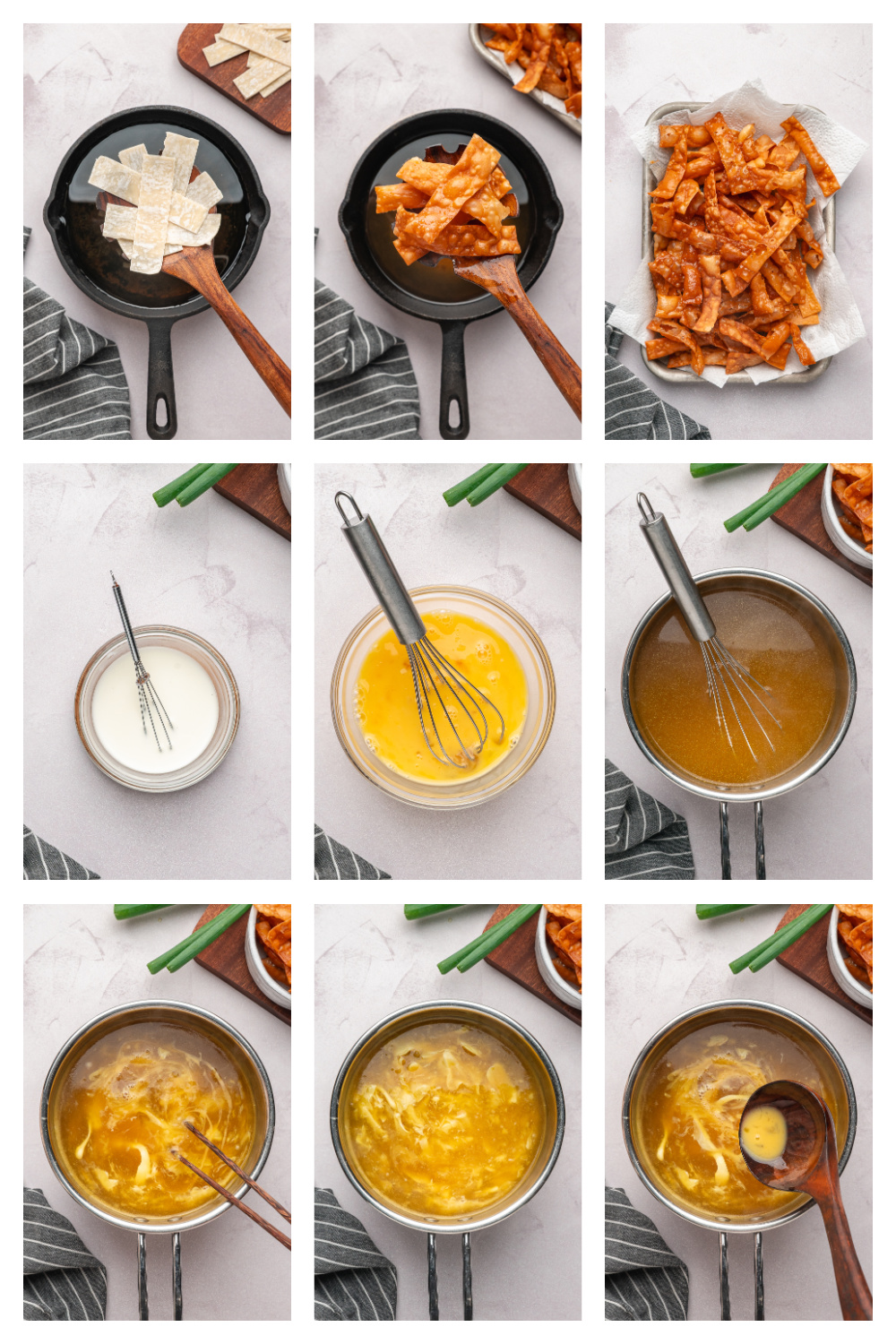 How to make egg drop soup with fried wonton strips step by step