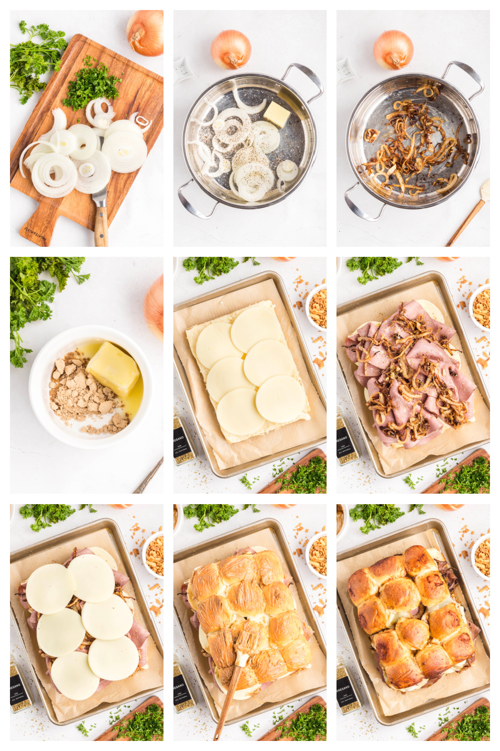 How to make French dip sliders with caramelized onions, roast beef, provolone, and sweet rolls
