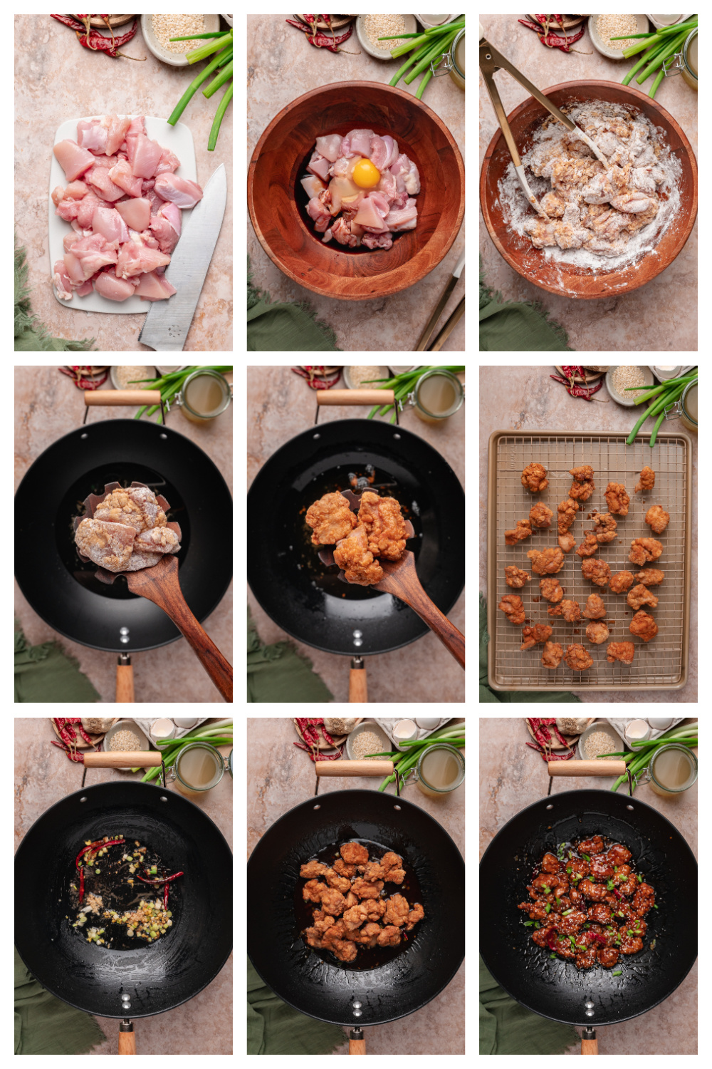 Overhead collage showing coating, frying, and finishing sauced chicken in a wok Step-by-step process of making General Tso’s chicken from cutting chicken thighs to frying and tossing in sauce