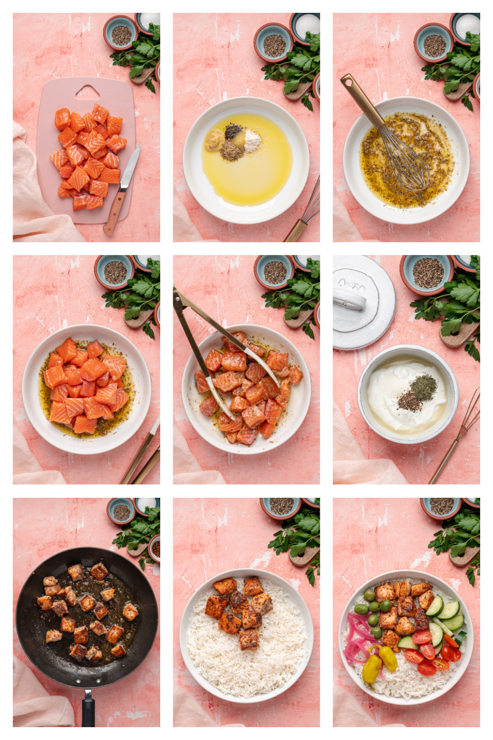 How to Make Greek Salmon Rice Bowl How to make Greek Salmon Rice Bowl step by step including marinating salmon, whisking Dijon olive oil marinade, searing salmon bites, and assembling rice bowl
